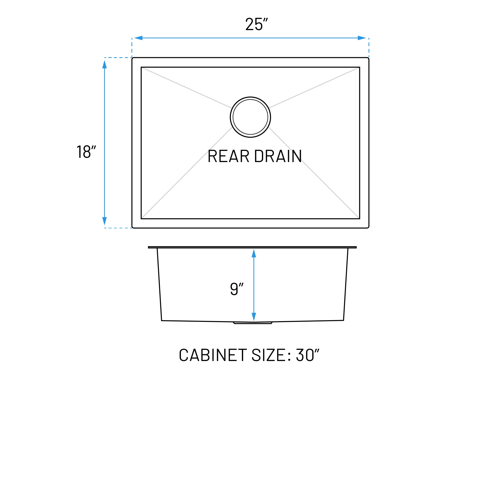 25" Zero Radius Undermount Stainless Steel Single Bowl Kitchen Sink, KH-2518-9-S-R0