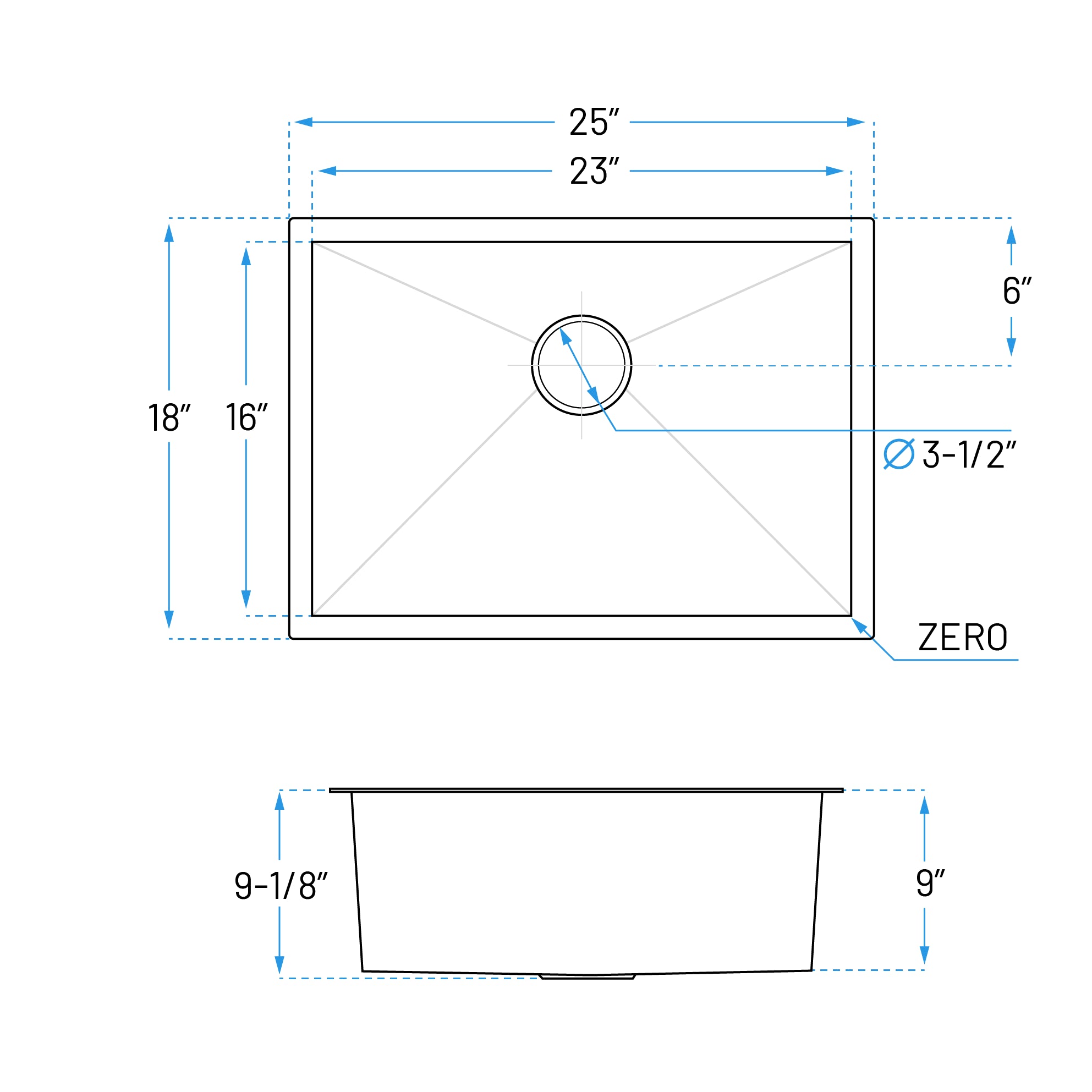 25" Zero Radius Undermount Stainless Steel Single Bowl Kitchen Sink, KH-2518-9-S-R0