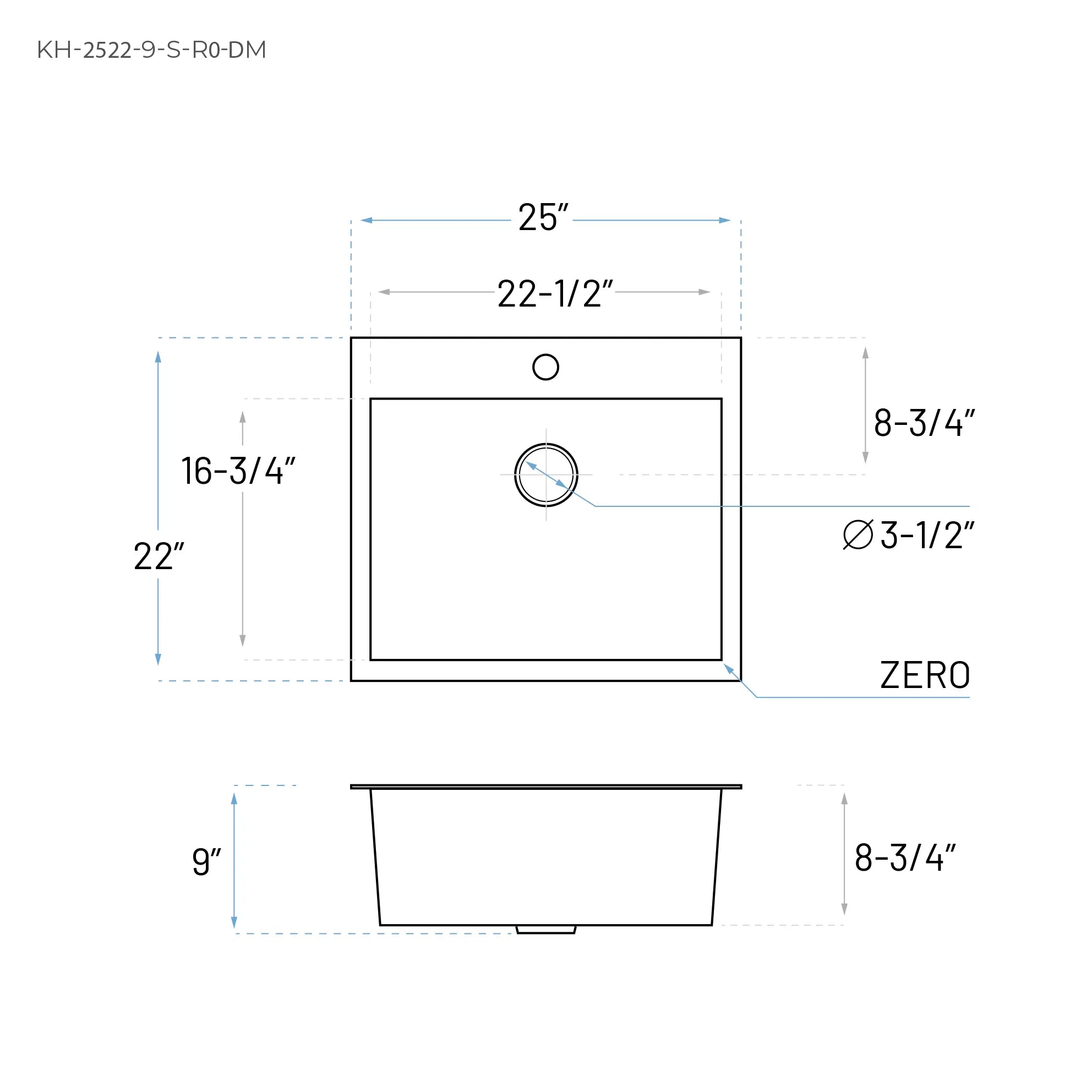 25" Dual-Mount Stainless Steel 1-Hole Single Bowl Kitchen Sink, KH-2522-9-S-R0-DM