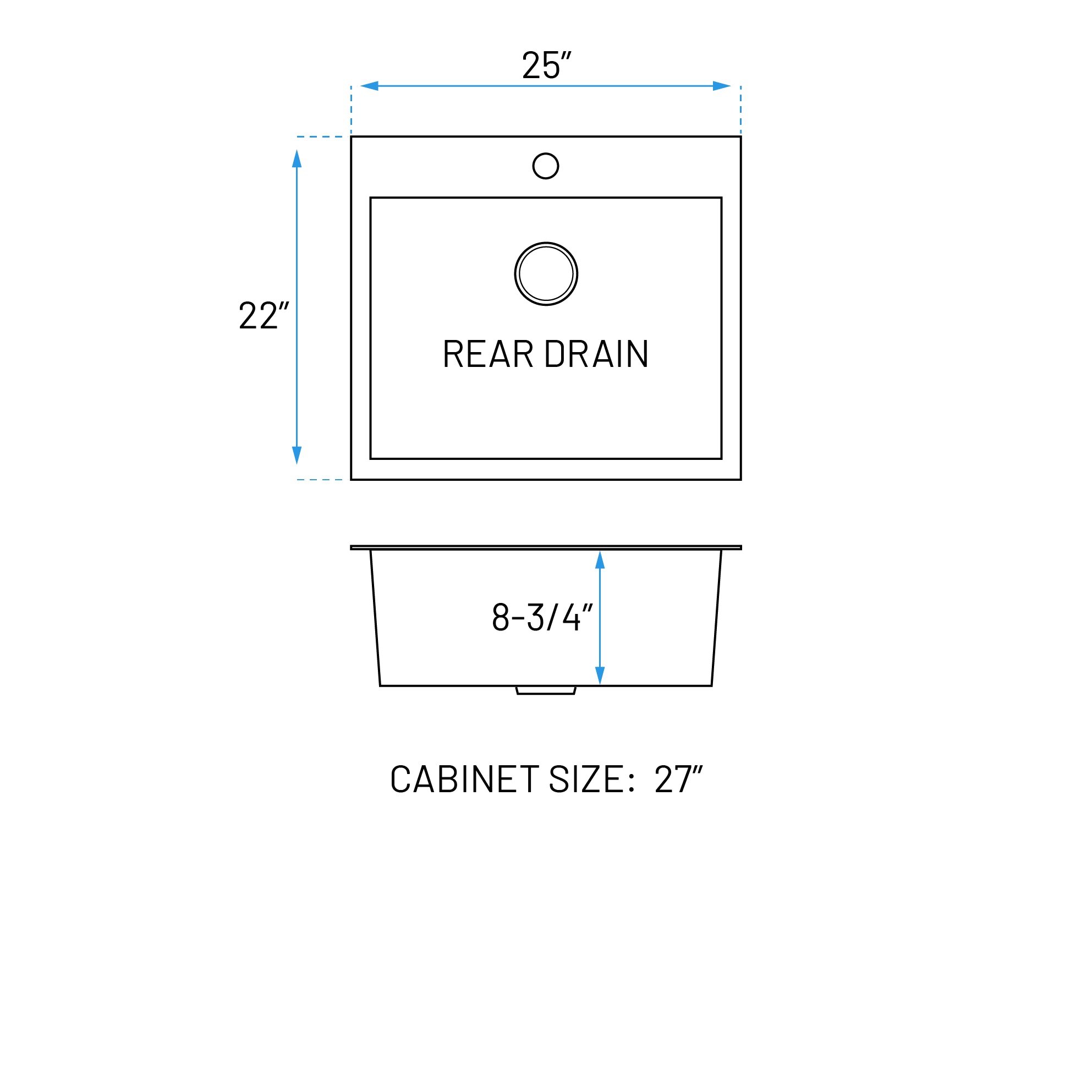25" Dual-Mount Stainless Steel 1-Hole Single Bowl Kitchen Sink, KH-2522-9-S-R0-DM