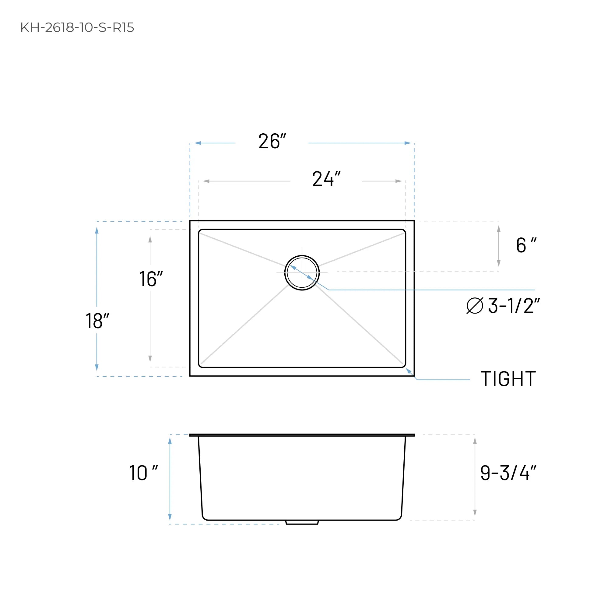 26" Undermount Stainless Steel Deep Single Bowl Kitchen Sink, KH-2618-10-S-R15