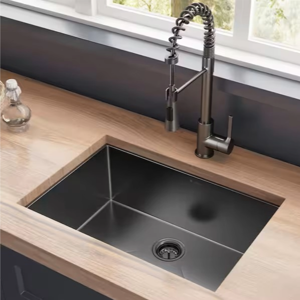 30" Undermount Gunmetal Black Stainless Steel Single Bowl Kitchen Sink, KH-3018-10-S-R15-GM