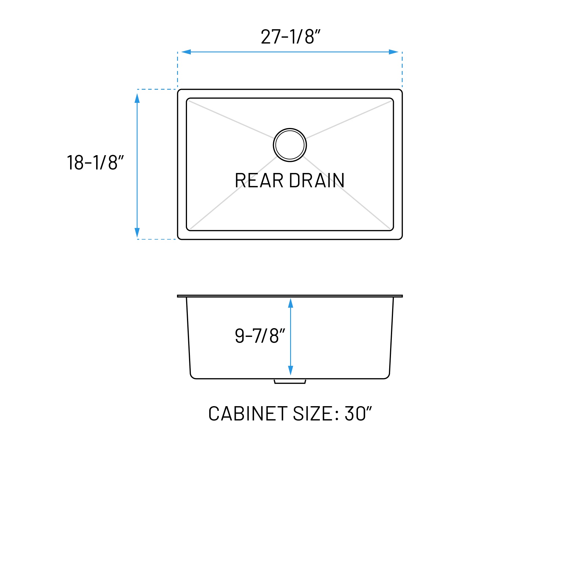 27" Undermount Gunmetal Black Stainless Steel Single Bowl Kitchen Sink, KH-2718-10-S-R15-GM