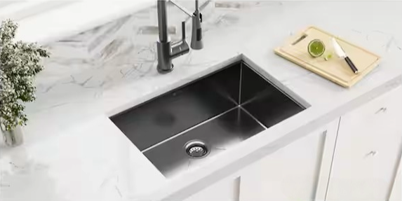 27" Undermount Gunmetal Black Stainless Steel Single Bowl Kitchen Sink, KH-2718-10-S-R15-GM