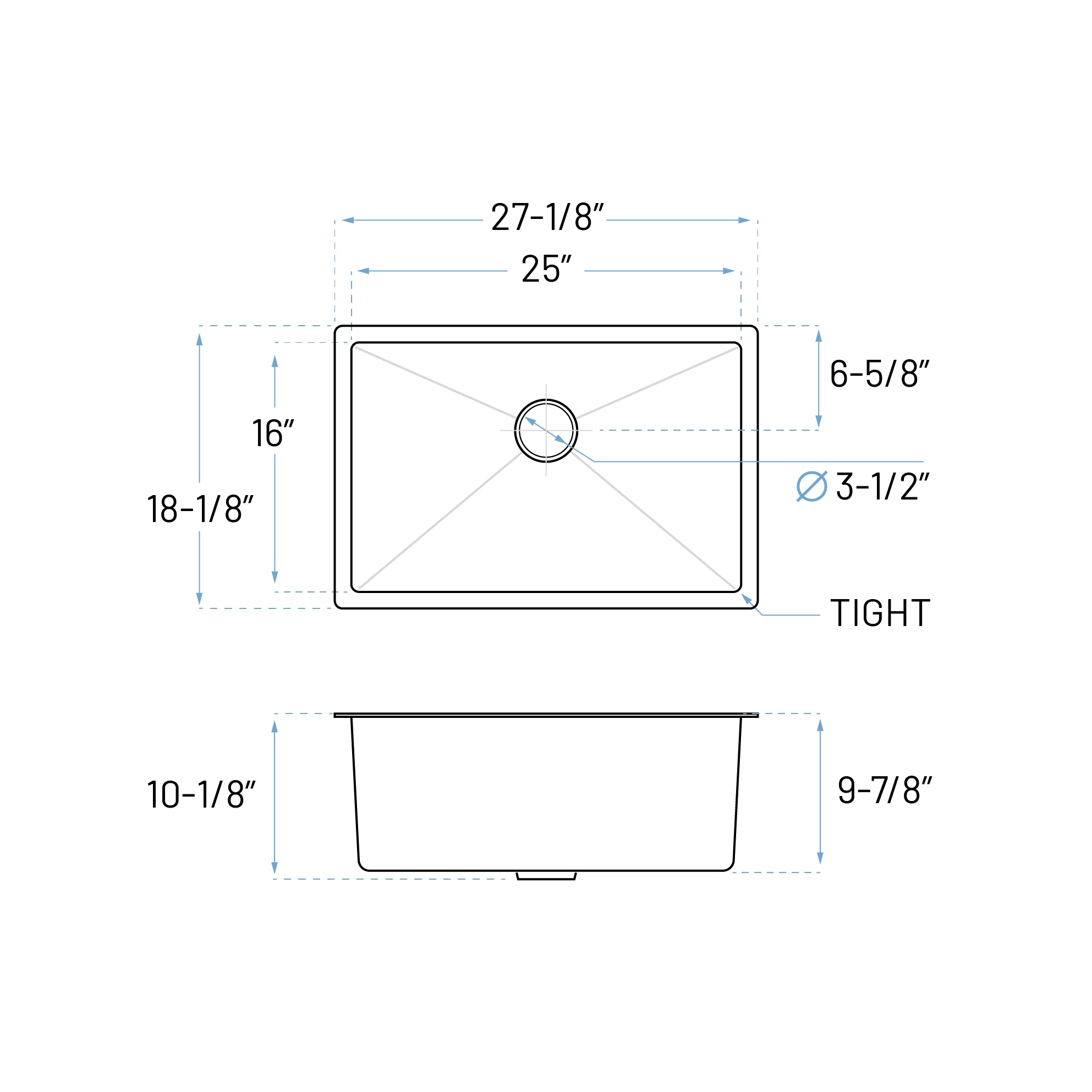 27" Undermount Gunmetal Black Stainless Steel Single Bowl Kitchen Sink, KH-2718-10-S-R15-GM