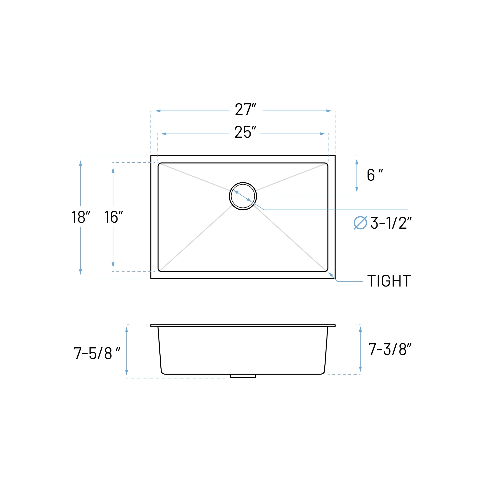 27" Large Undermount 7-Inch Deep Stainless Steel Single Bowl Kitchen Sink, KH-2718-7-S-R15
