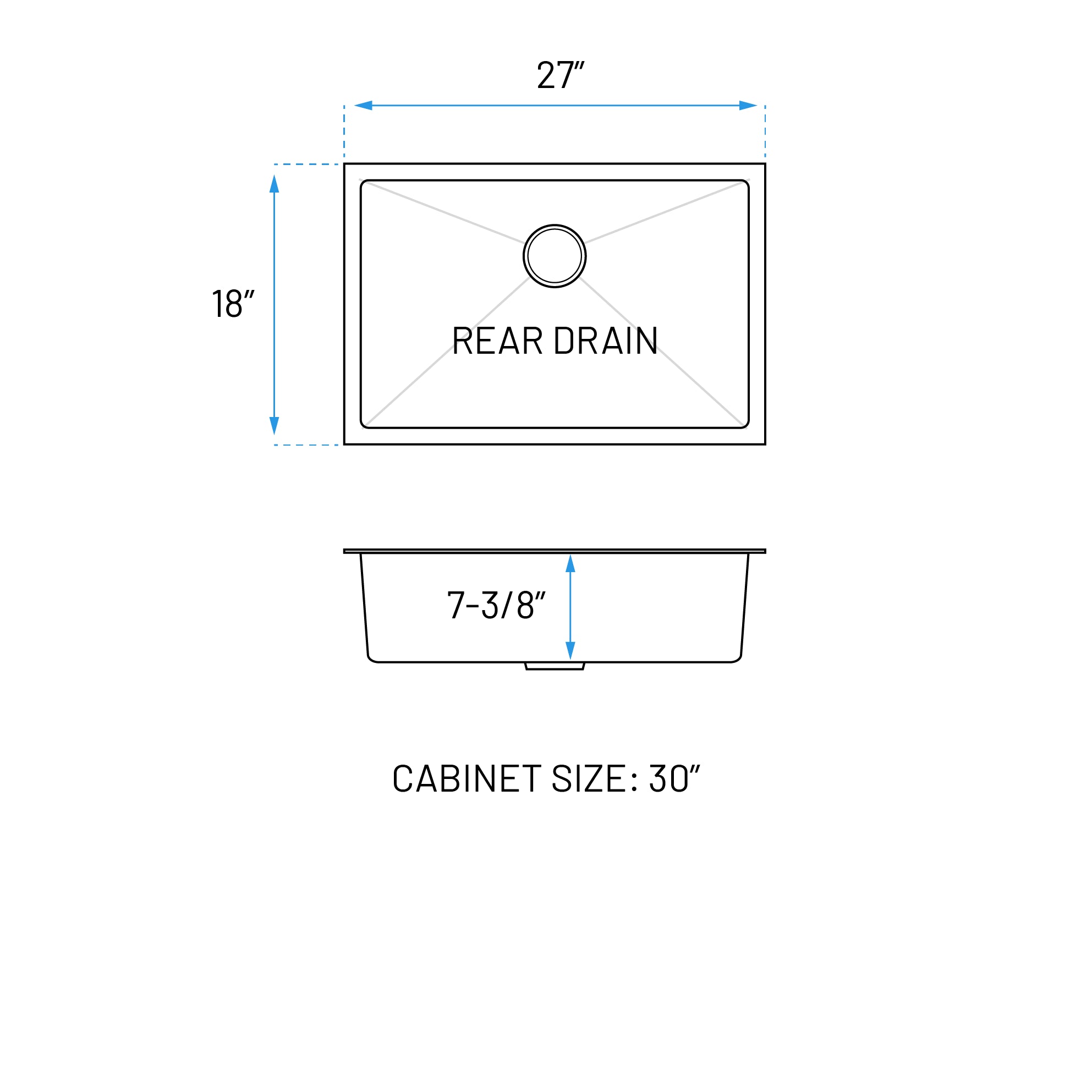 27" Large Undermount 7-Inch Deep Stainless Steel Single Bowl Kitchen Sink, KH-2718-7-S-R15