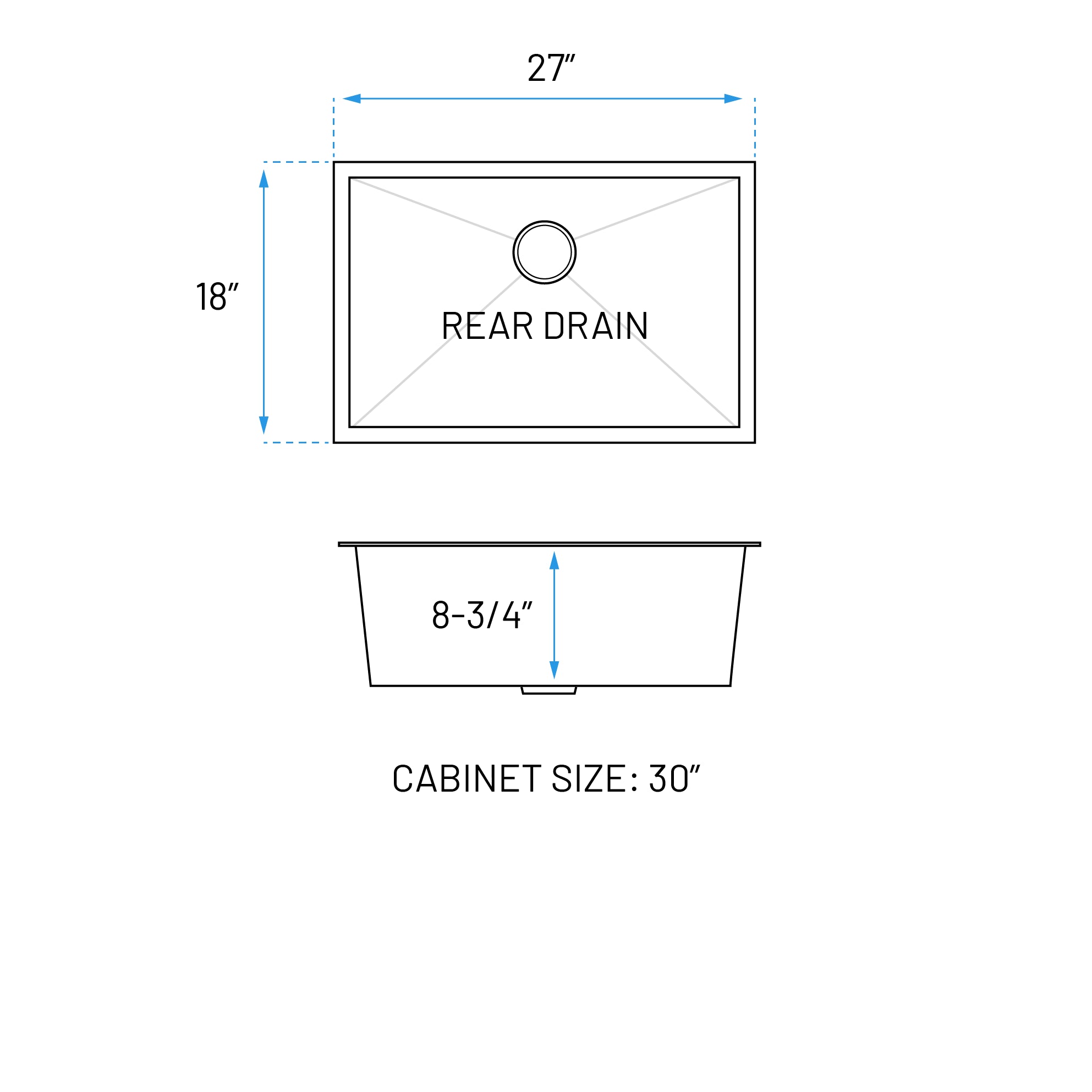 27" Standard Zero Radius Undermount Stainless Steel Single Bowl Kitchen Sink, KH-2718-9-S-R0