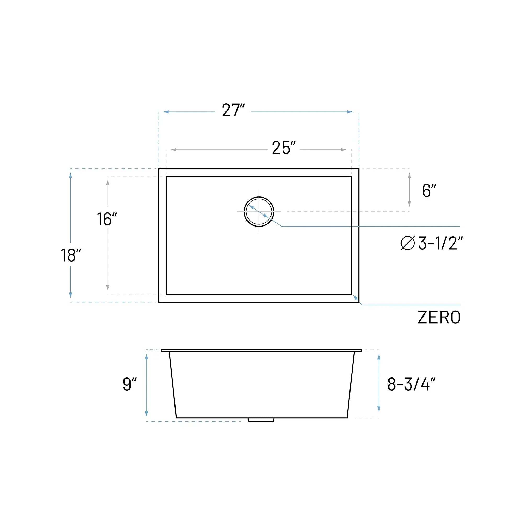 27" Standard Zero Radius Undermount Stainless Steel Single Bowl Kitchen Sink, KH-2718-9-S-R0