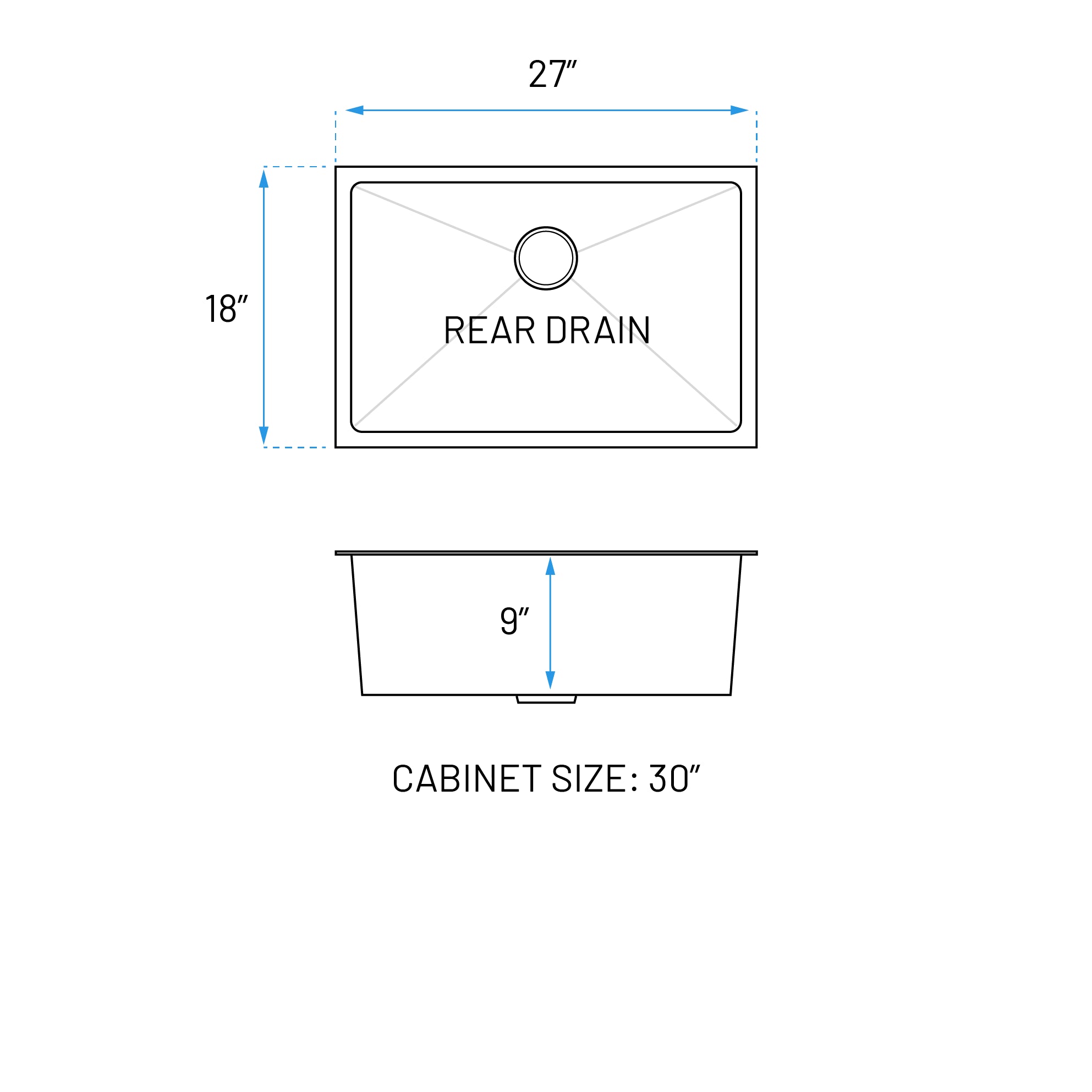 27" Standard Undermount Stainless Steel Single Bowl Kitchen Sink, KH-2718-9-S-R20