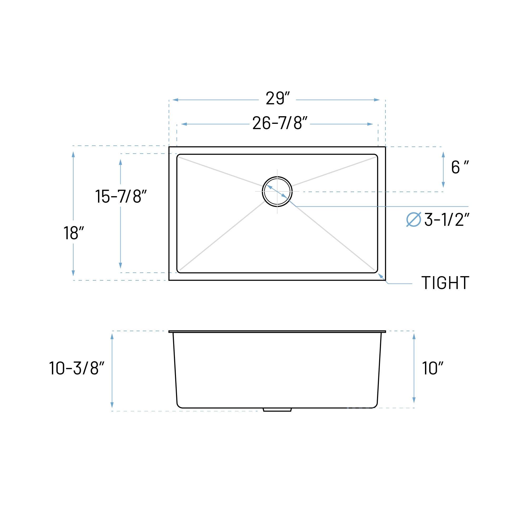 29" Undermount Stainless Steel Deep Single Bowl Kitchen Sink, KH-2918-10-S-R15