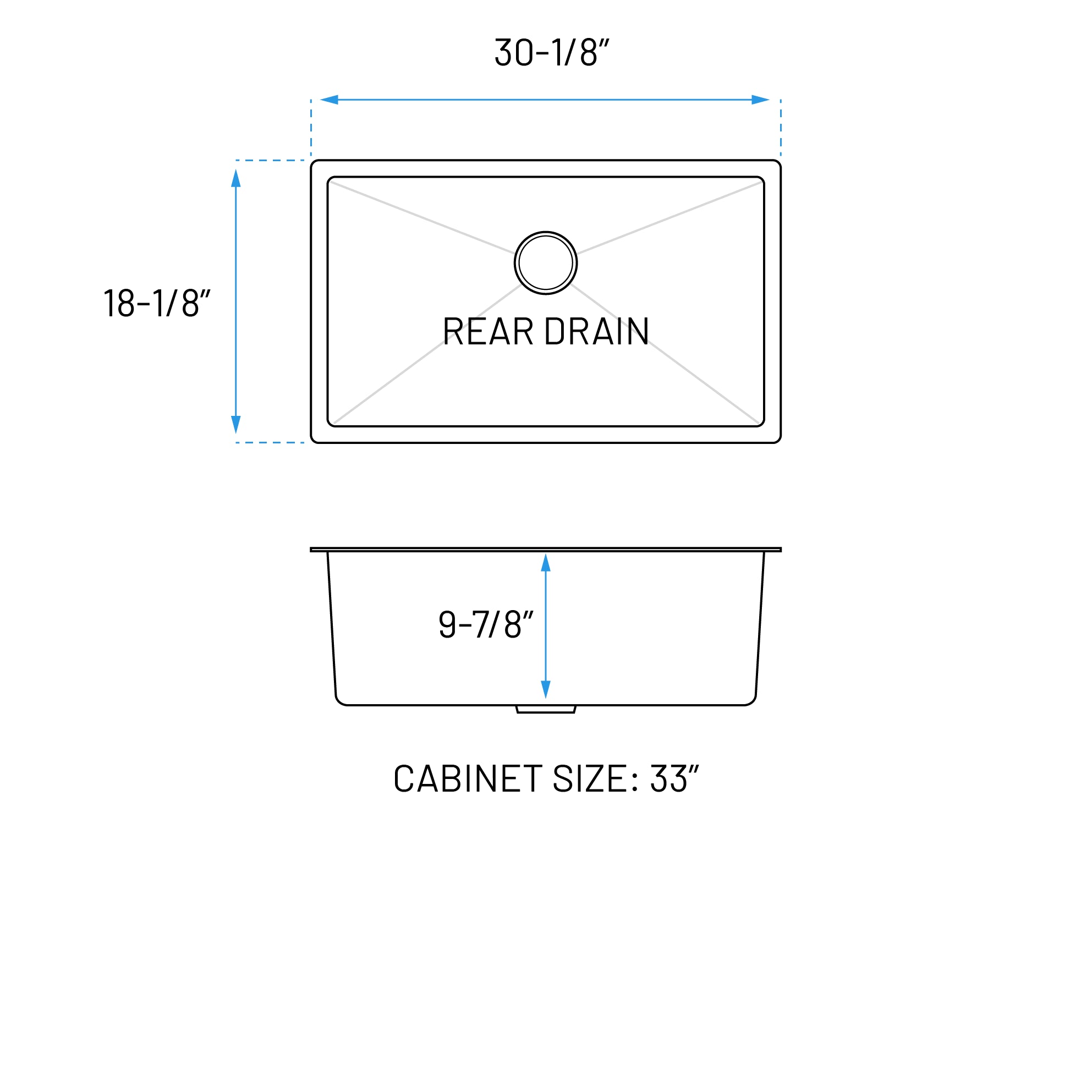 30" Undermount Gunmetal Black Stainless Steel Single Bowl Kitchen Sink, KH-3018-10-S-R15-GM