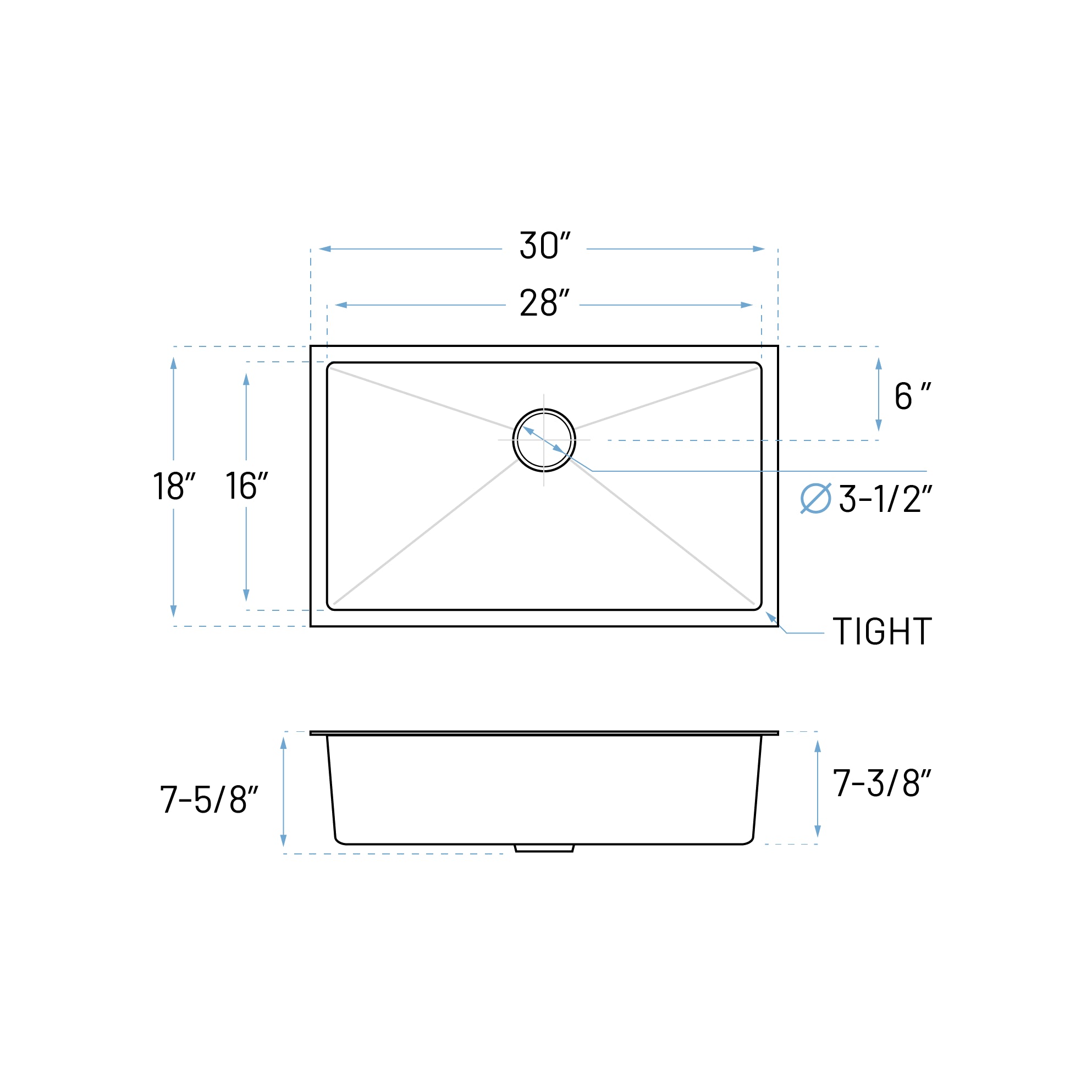 30" Extra Large Undermount 7-Inch Deep Stainless Steel Single Bowl Kitchen Sink, KH-3018-7-S-R15