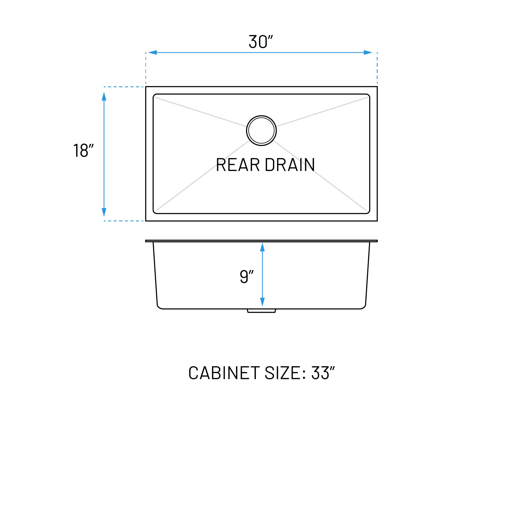 30" Large Undermount Stainless Steel Single Bowl Kitchen Sink, KH-3018-9-S-R20
