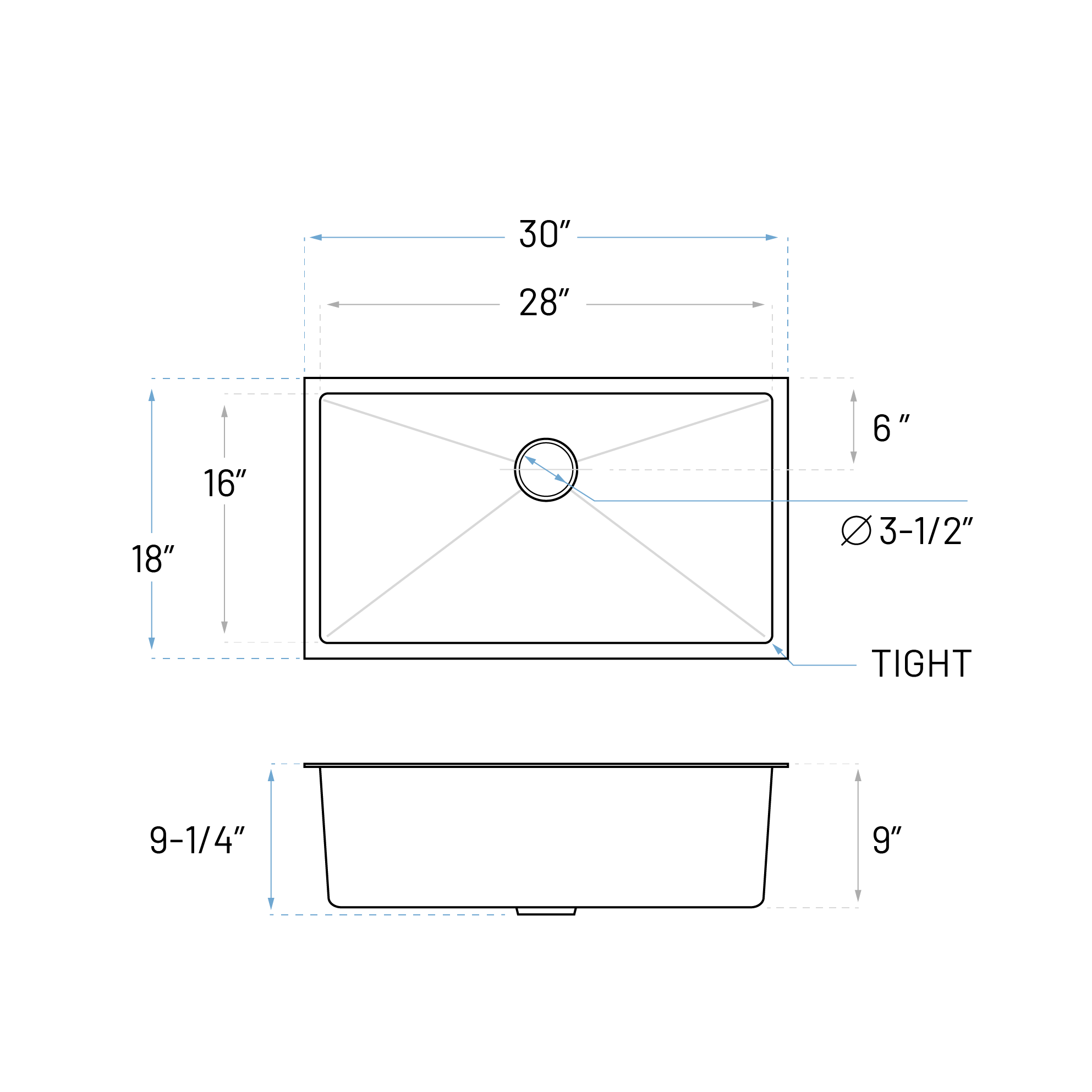 30" Large Undermount Stainless Steel Single Bowl Kitchen Sink, KH-3018-9-S-R20