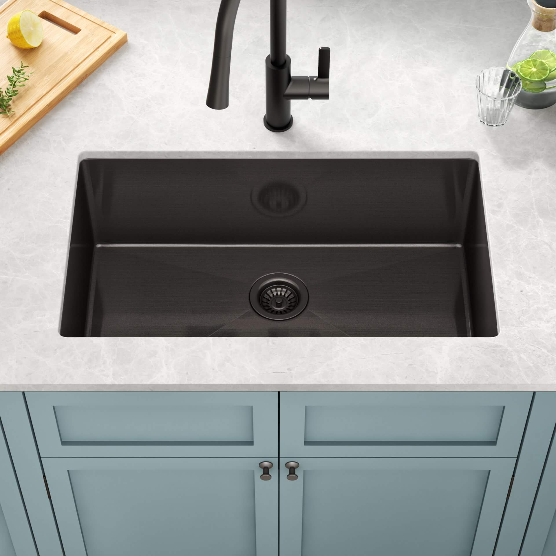 30" Undermount Gunmetal Black Stainless Steel Single Bowl Kitchen Sink, KH-3018-10-S-R15-GM