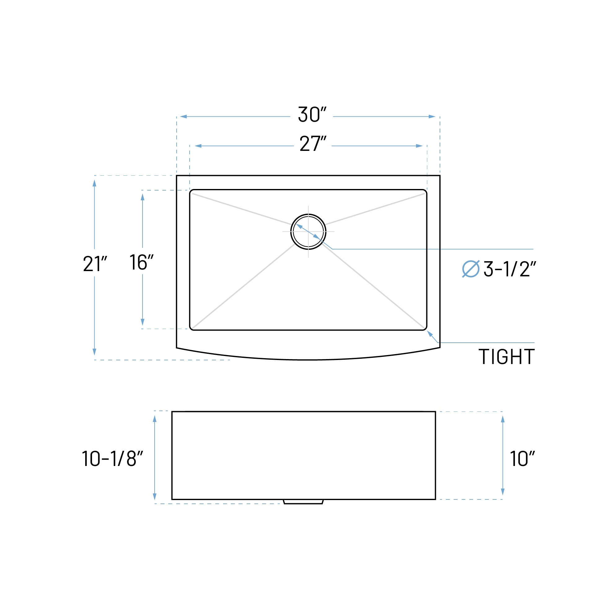 30" Tight Radius Farmhouse Apron Front Stainless Steel Single Bowl Kitchen Sink, KH-3021-10-S-R15-F