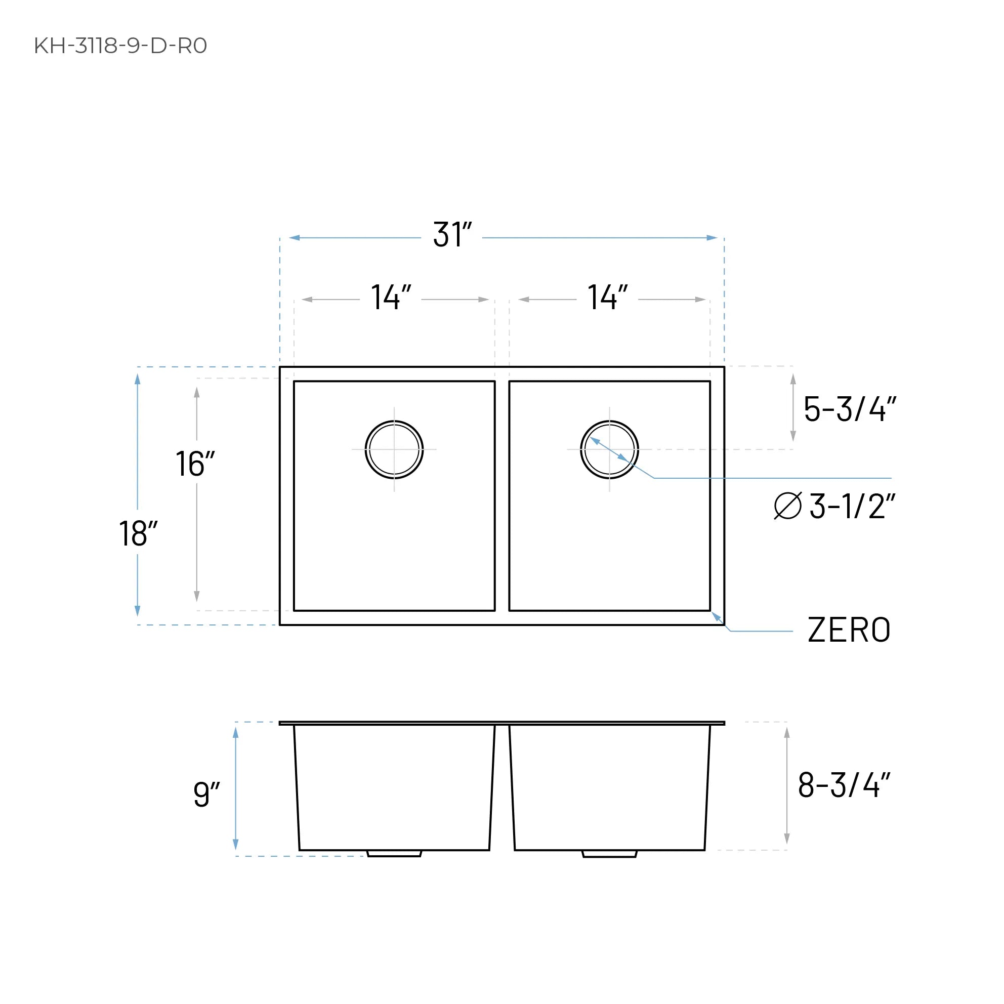 31" Zero Radius Undermount Double Bowl Stainless Steel Kitchen Sink, KH-3118-9-D-R0