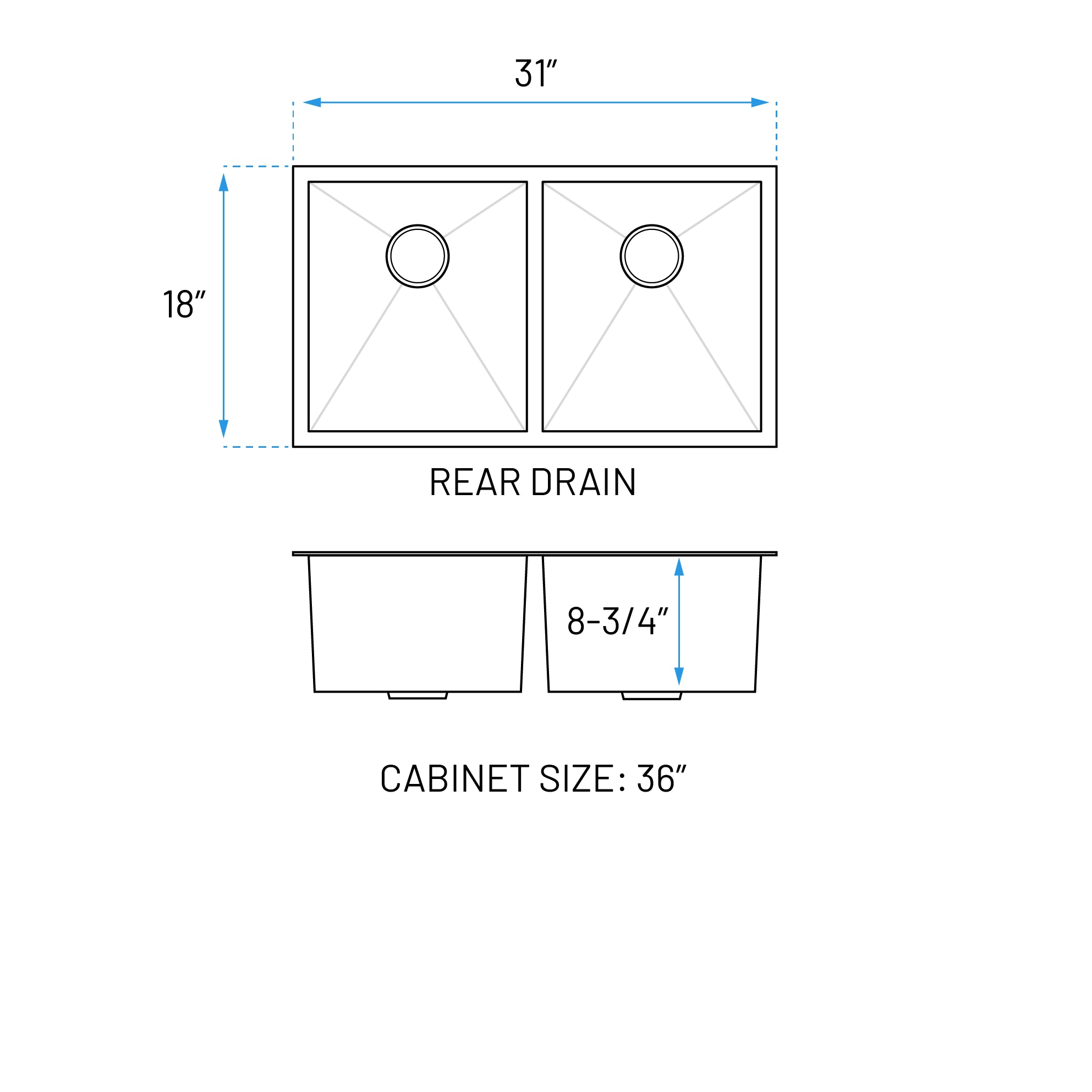 31" Zero Radius Undermount Double Bowl Stainless Steel Kitchen Sink, KH-3118-9-D-R0