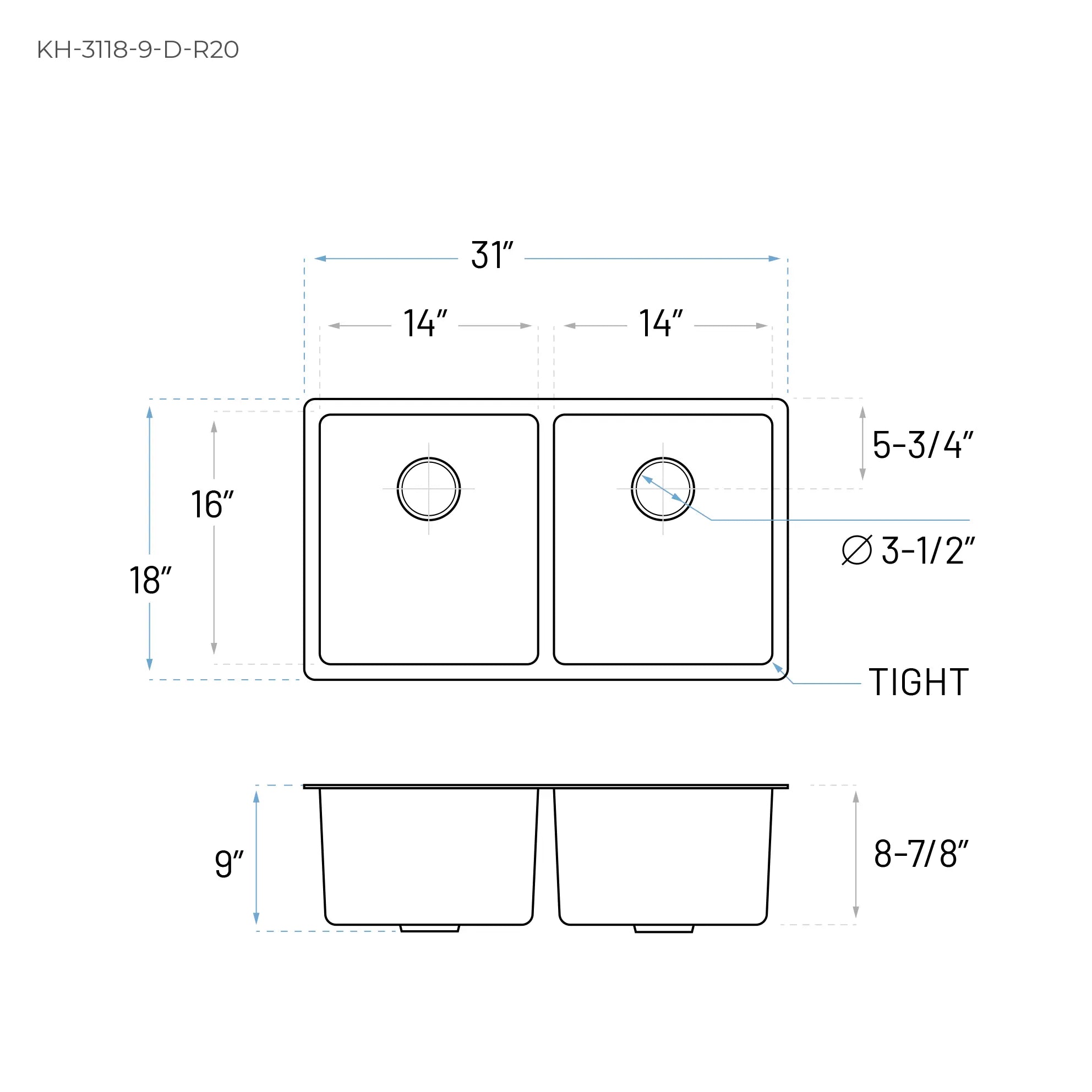 31" Large Double Bowl Undermount Stainless Steel Kitchen Sink, KH-3118-9-D-R20