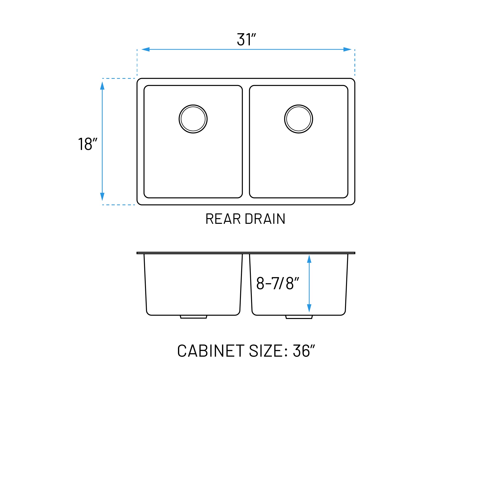 31" Large Double Bowl Undermount Stainless Steel Kitchen Sink, KH-3118-9-D-R20