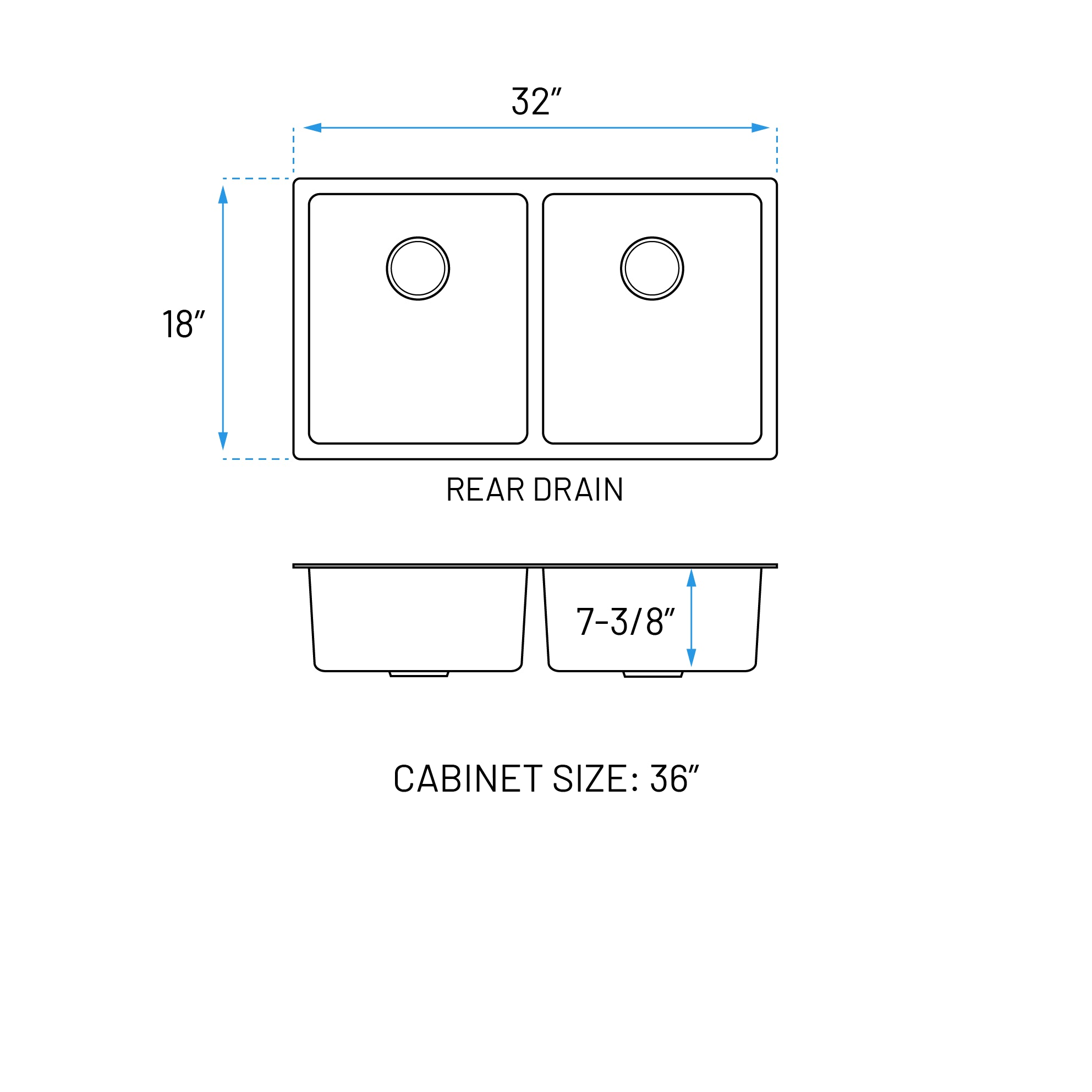 32" Extra-Large 7-Inch Deep Undermount Double Bowl Stainless Steel Kitchen Sink, KH-3218-7-D-R15