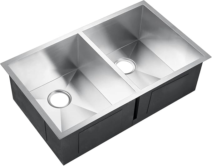 31" Zero Radius Undermount Double Bowl Stainless Steel Kitchen Sink, KH-3118-9-D-R0