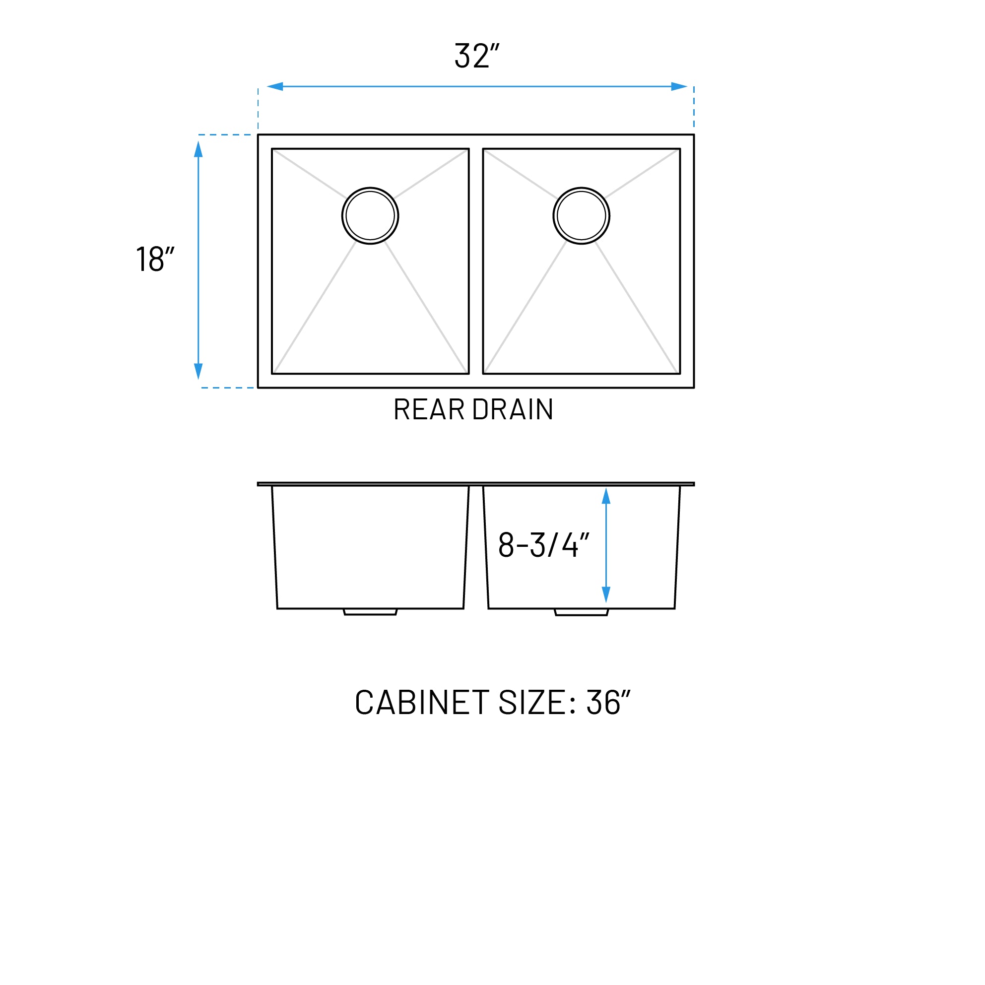 32" Large Zero Radius Undermount Double Bowl Stainless Steel Kitchen Sink, KH-3218-9-D-R0