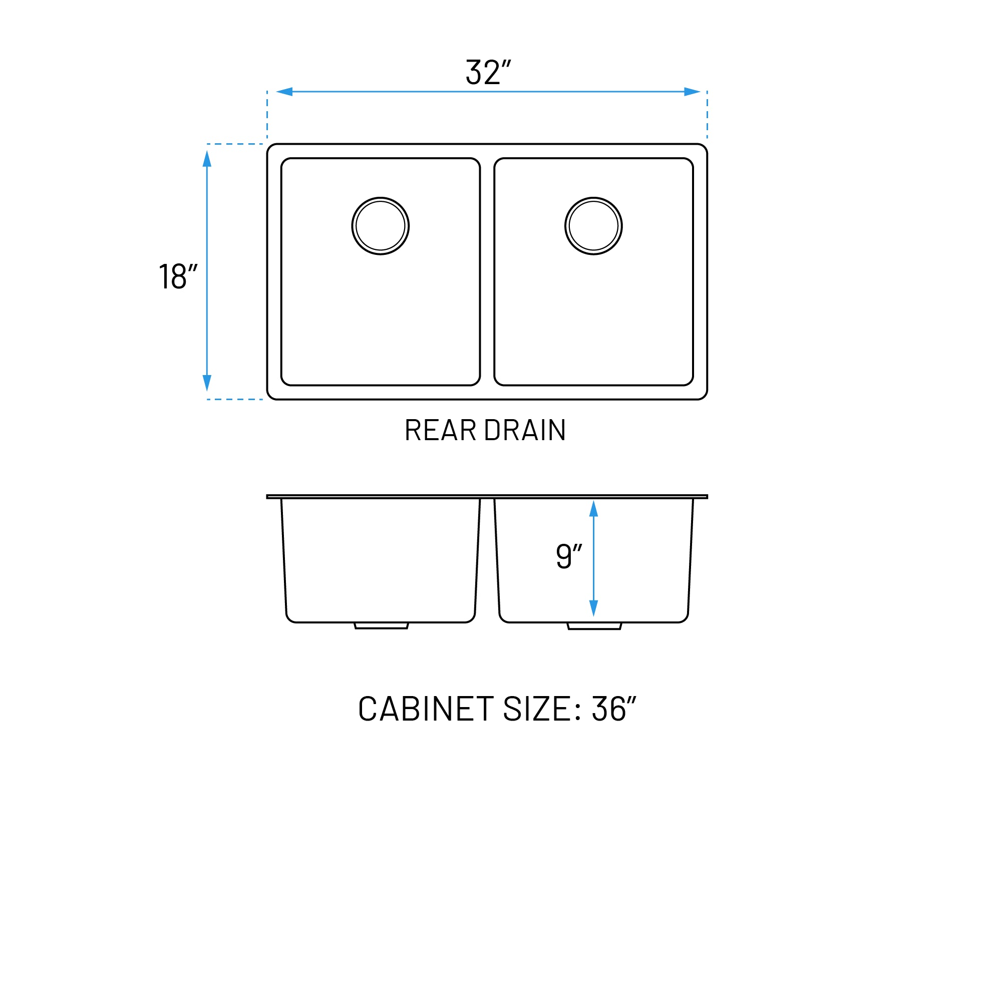 32" Extra Large Undermount Double Bowl Stainless Steel Kitchen Sink, KH-3218-9-D-R20
