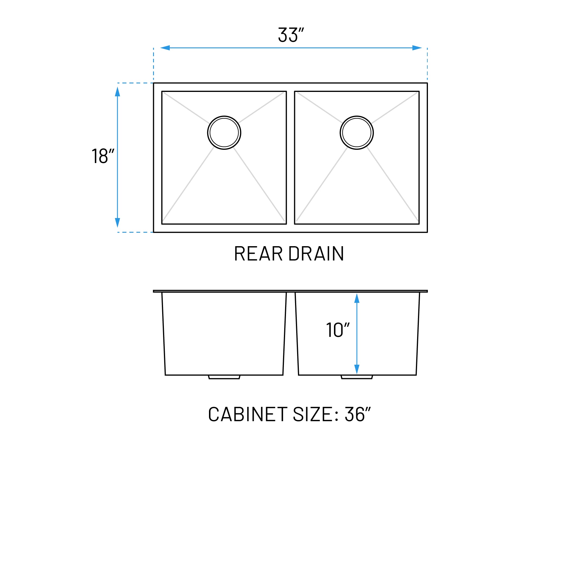 33" Zero Radius Undermount Stainless Steel Double Bowl Kitchen Sink, KH-3318-10-D-R0