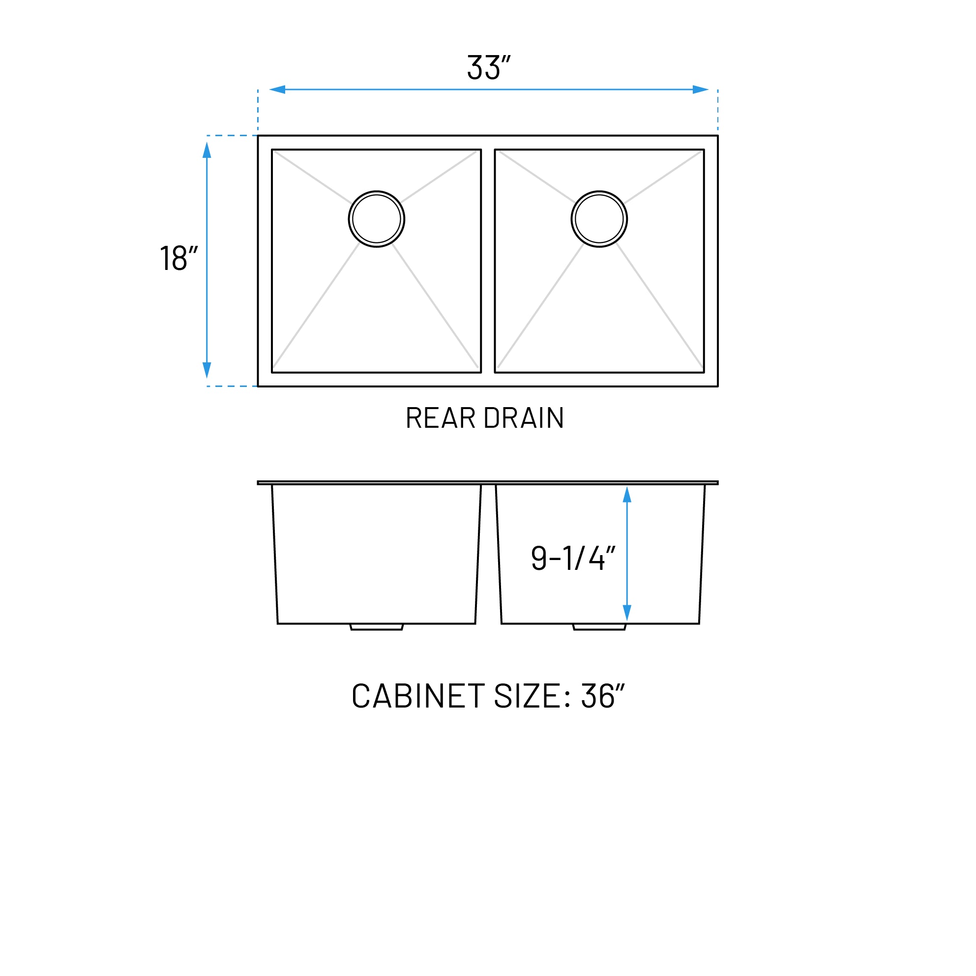 33" Extra Large Zero Radius Undermount Double Bowl Stainless Steel Kitchen Sink, KH-3318-9-D-R0