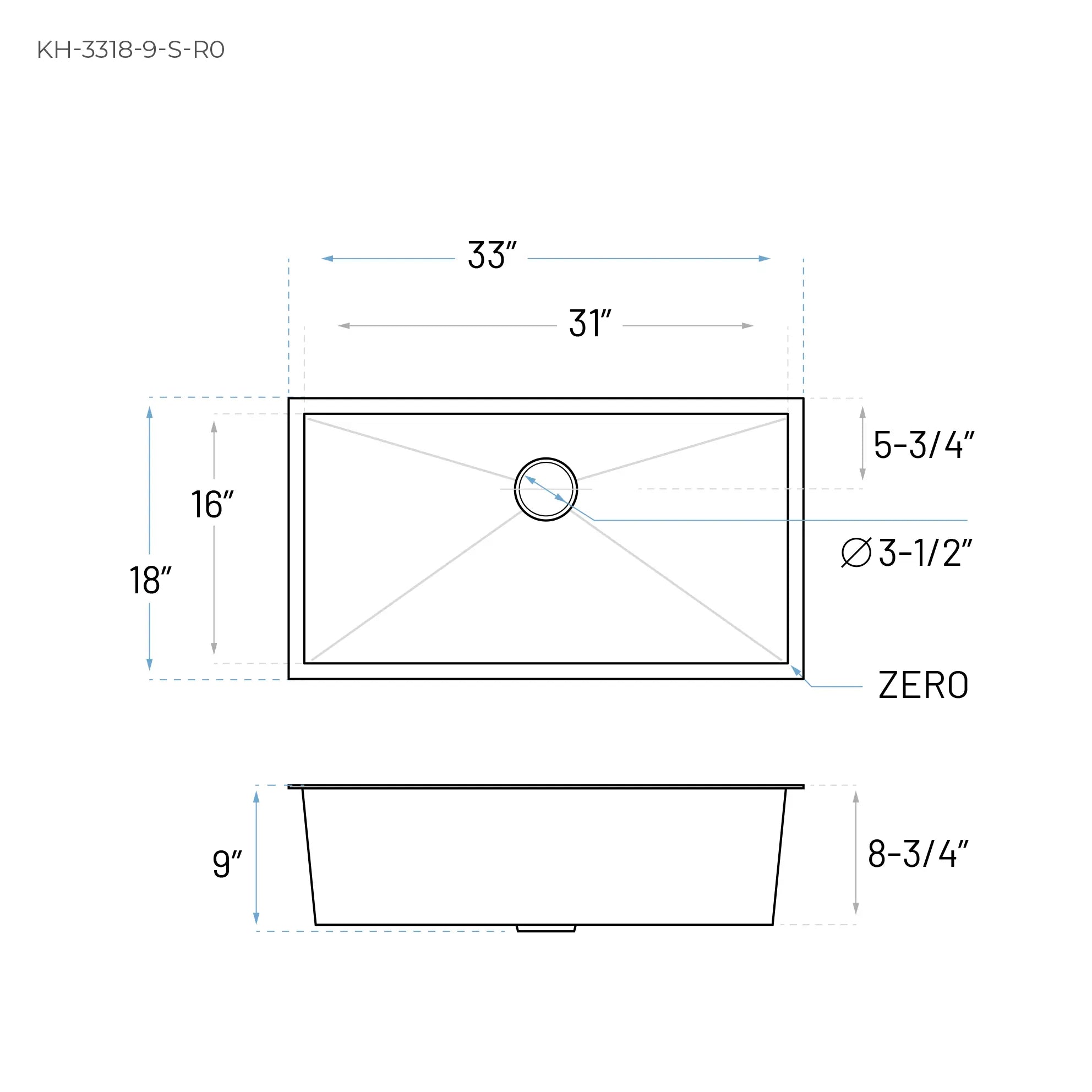 33" Extra-Large Zero Radius Undermount Stainless Steel Single Bowl Kitchen Sink, KH-3318-9-S-R0