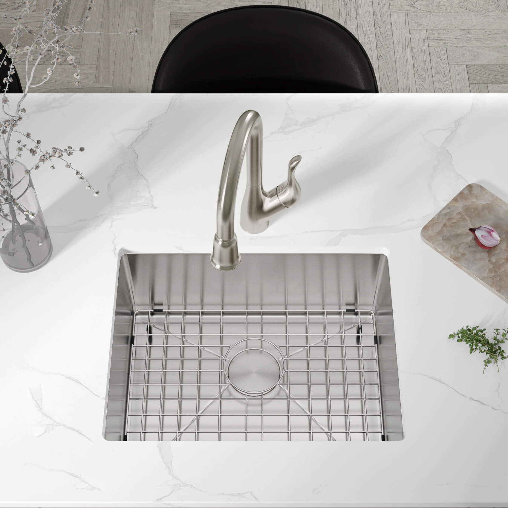 25" Medium Undermount Stainless Steel Single Bowl Kitchen Sink, KH-2518-9-S-R20