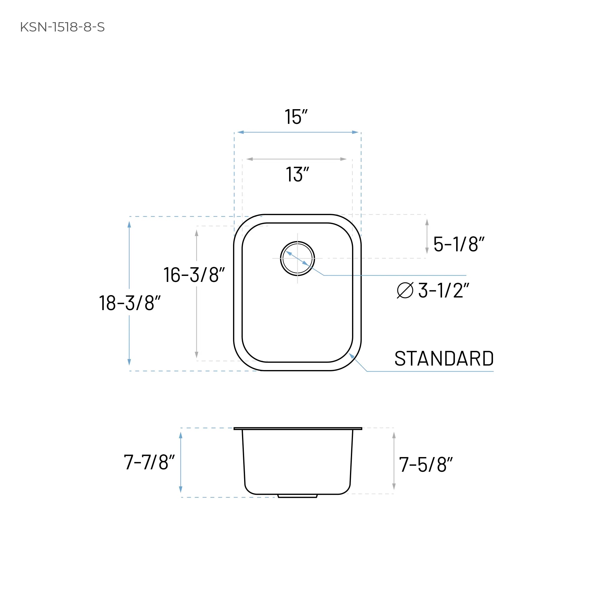 15" Undermount Stainless Steel Single Bowl Bar and RV Sink, KSN-1518-8-S