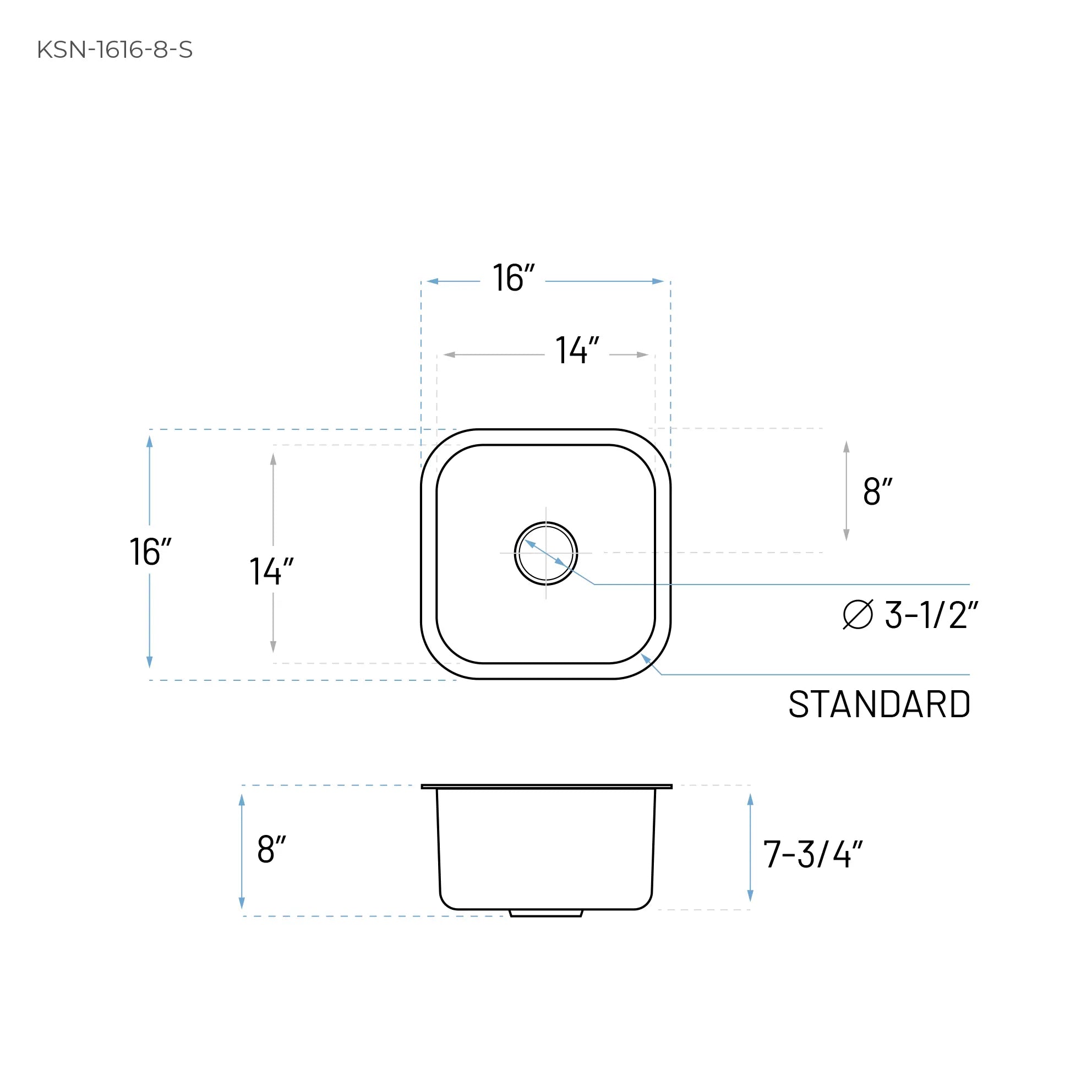 16" Undermount Stainless Steel Single Bowl Bar and RV Sink, KSN-1616-8-S