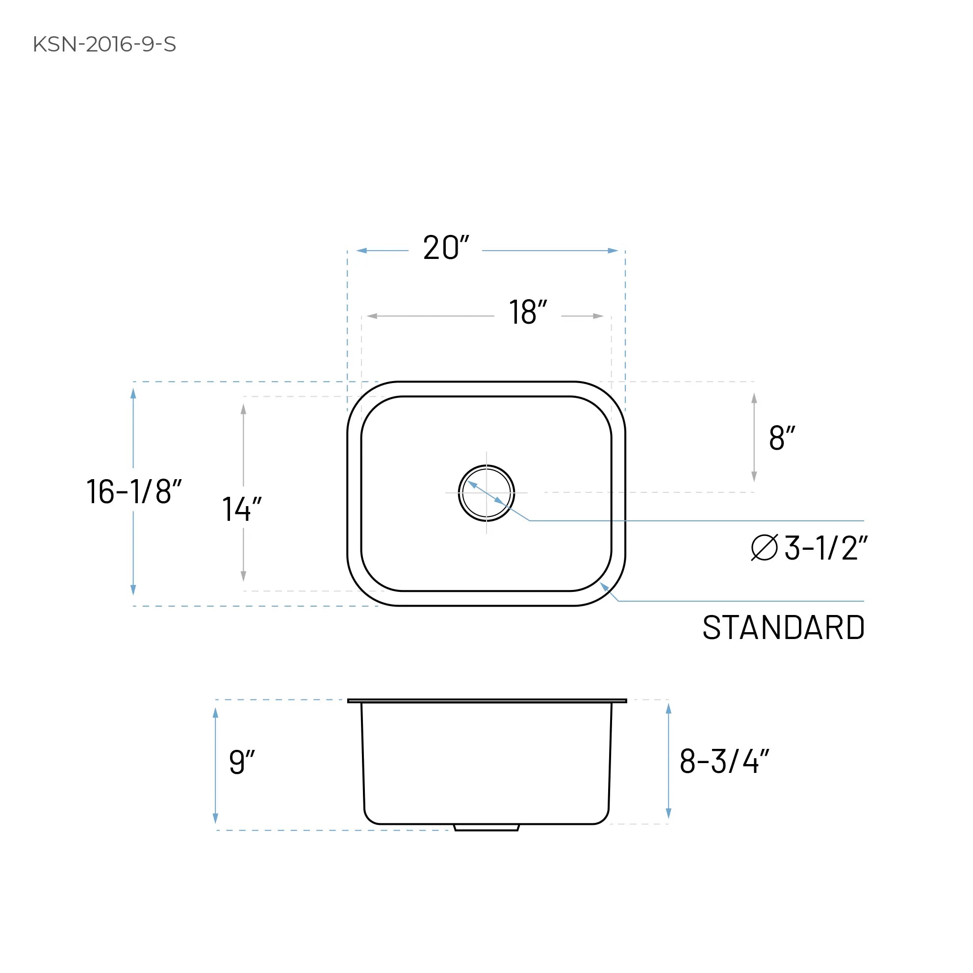 20" Undermount Stainless Steel Single Bowl Bar, Prep, RV, Kitchen Sink, KSN-2016-9-S