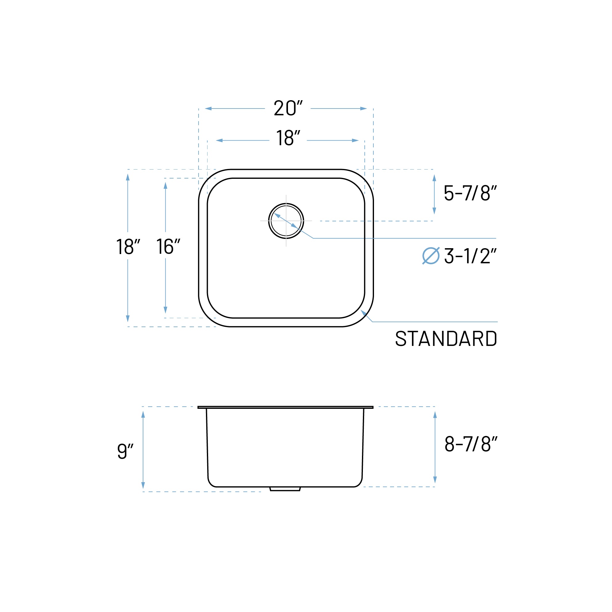 20" Compact Undermount Stainless Steel Single Bowl Kitchen Sink, KSN-2018-9-S
