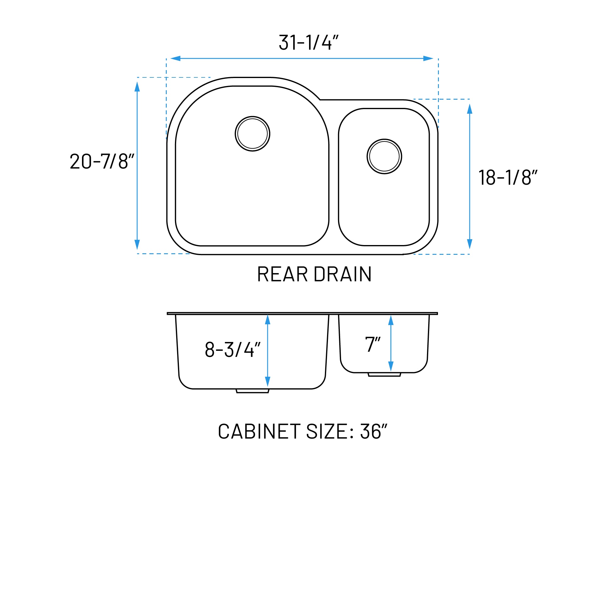 31" Undermount 70/30 Offset Double Bowl Stainless Steel Kitchen Sink, KSN-2131-9-D