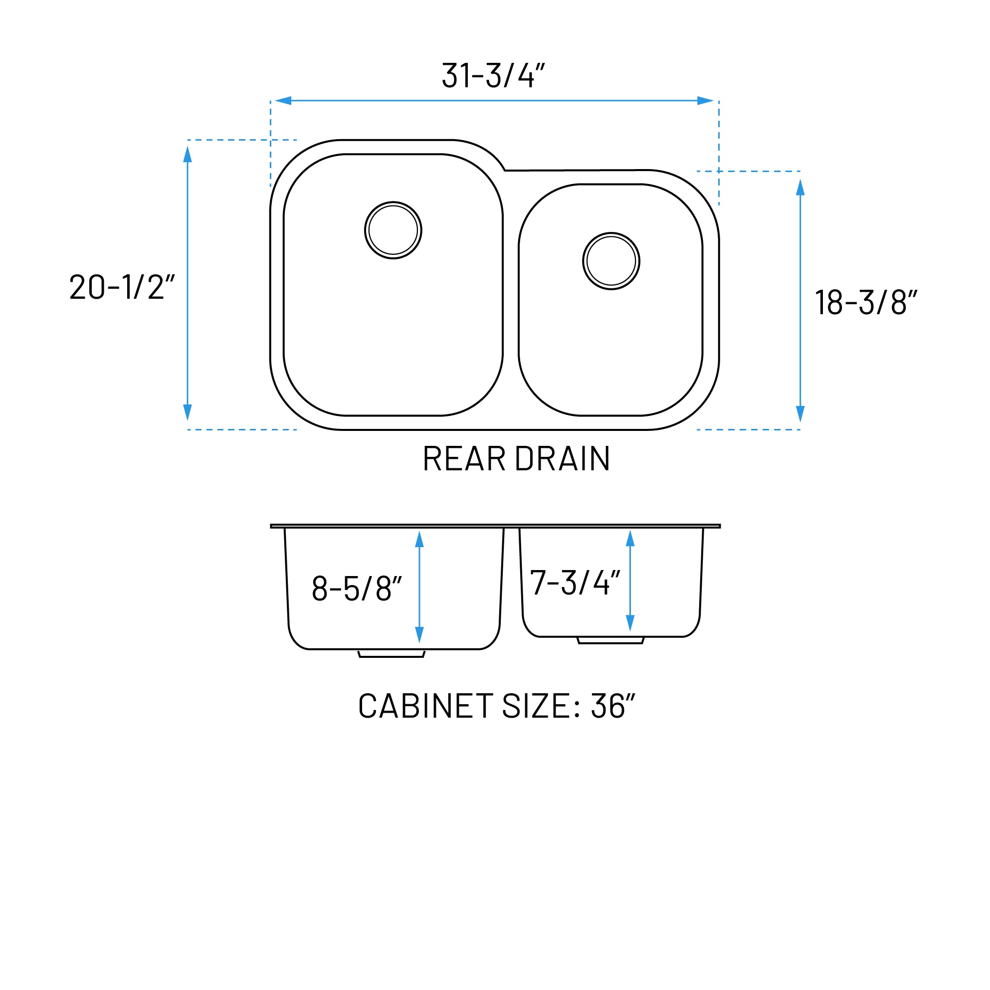 32" Undermount Offset 60/40 Double Bowl Stainless Steel Kitchen Sink, KSN-2132-9-D