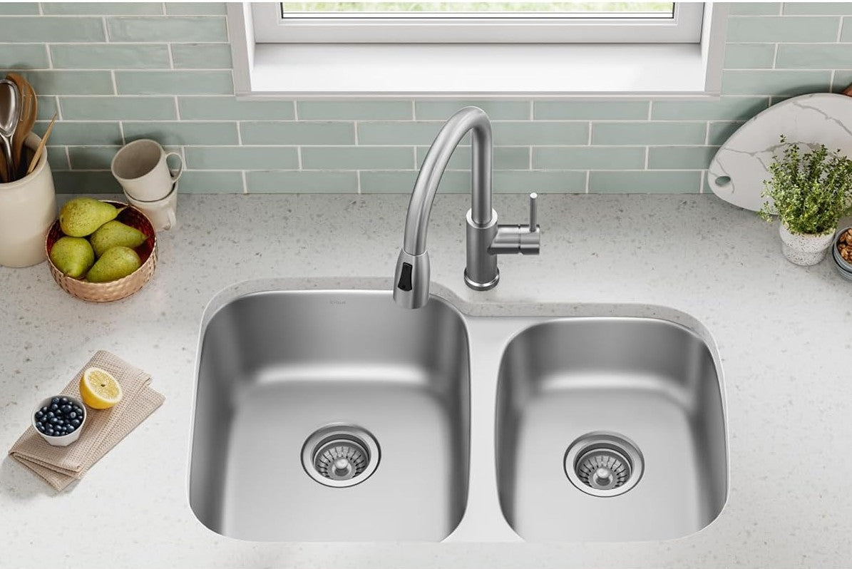 32" Undermount Offset 60/40 Double Bowl Stainless Steel Kitchen Sink, KSN-2132-9-D