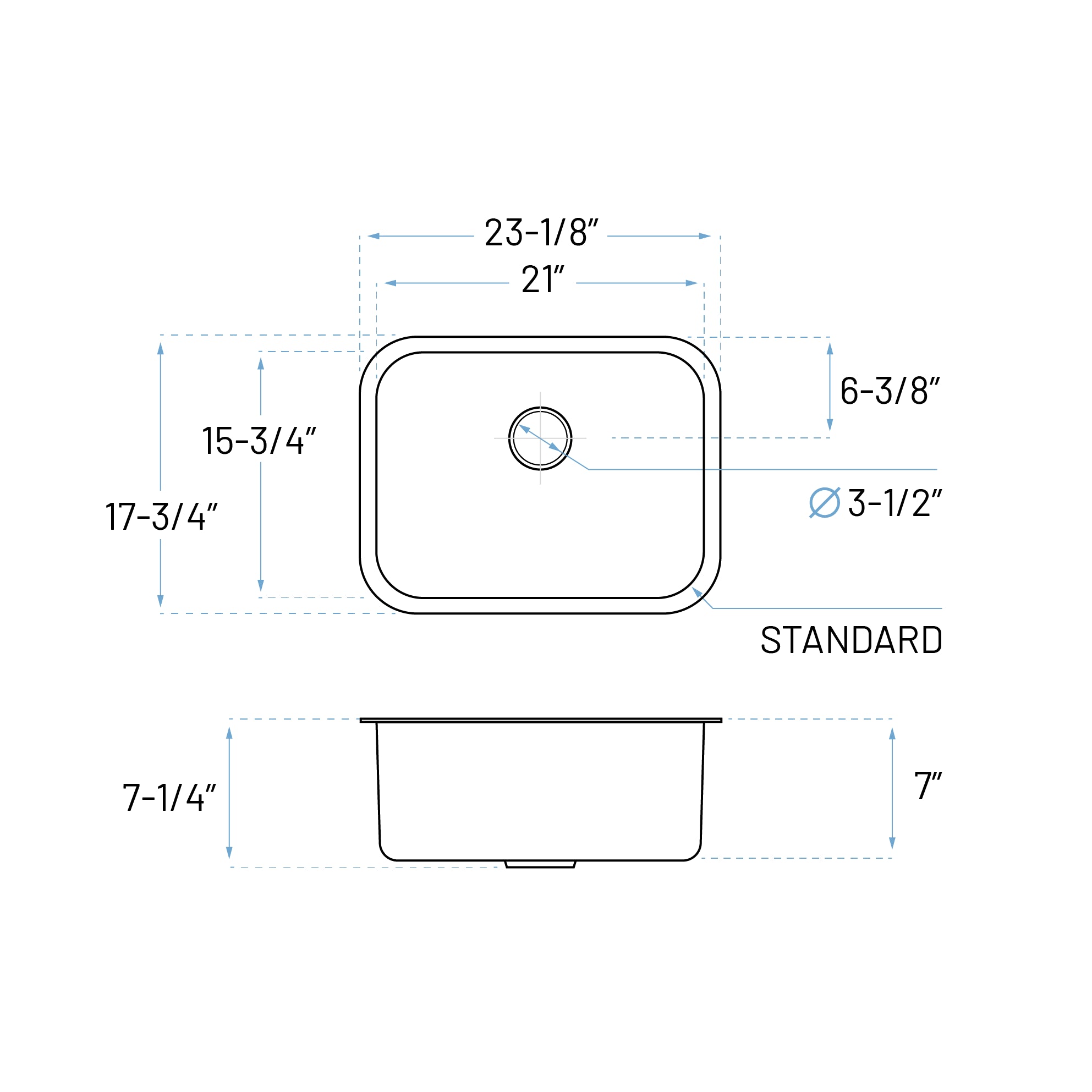 23" Undermount 7-inch Deep Stainless Steel Single Bowl Kitchen Sink, KSN-2318-7-S