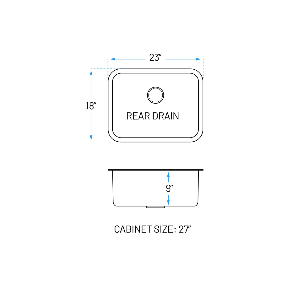 23" Undermount Stainless Steel Single Bowl Kitchen Sink with 2" Radius Corners