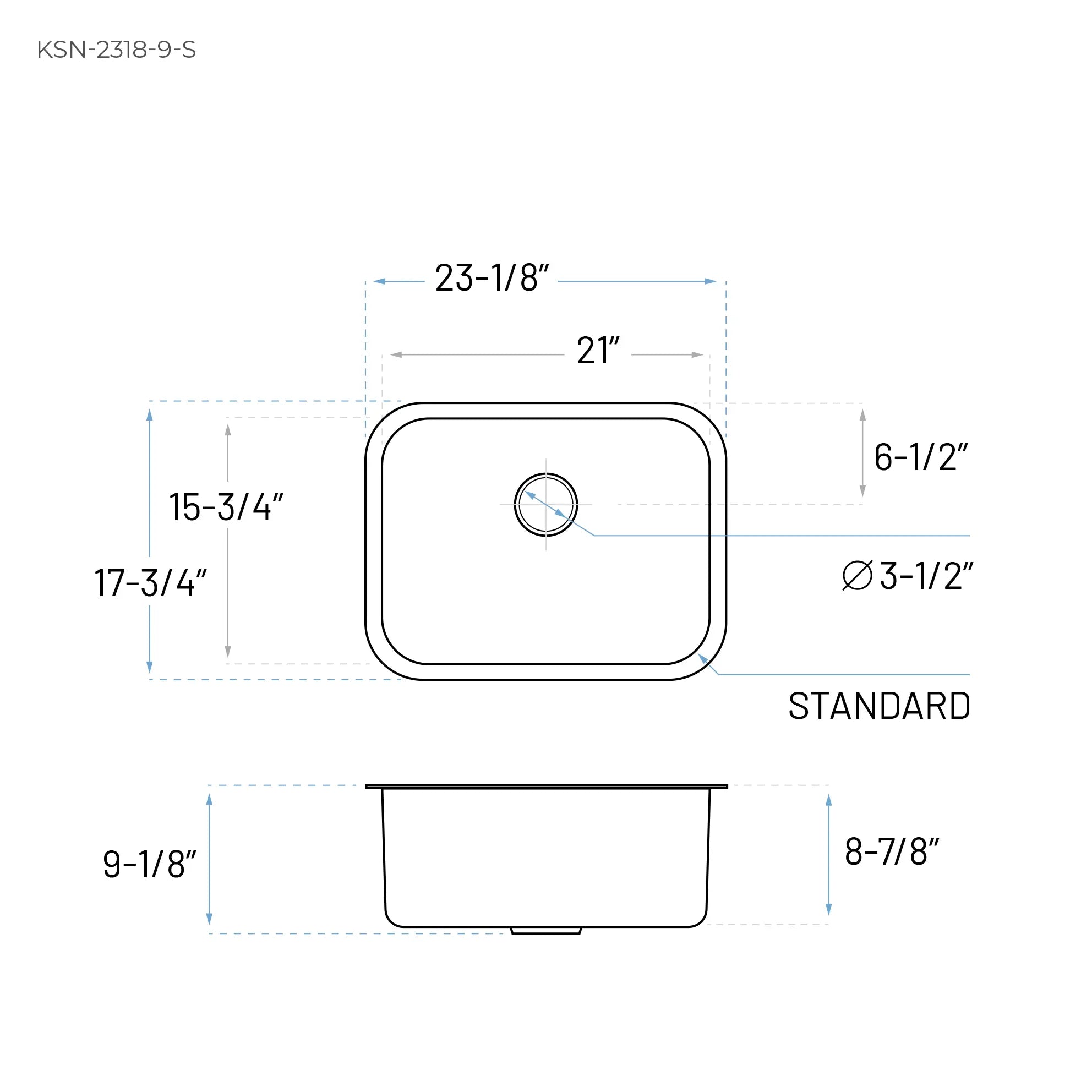 23" Undermount Stainless Steel Single Bowl Kitchen Sink, KSN-2318-9-S