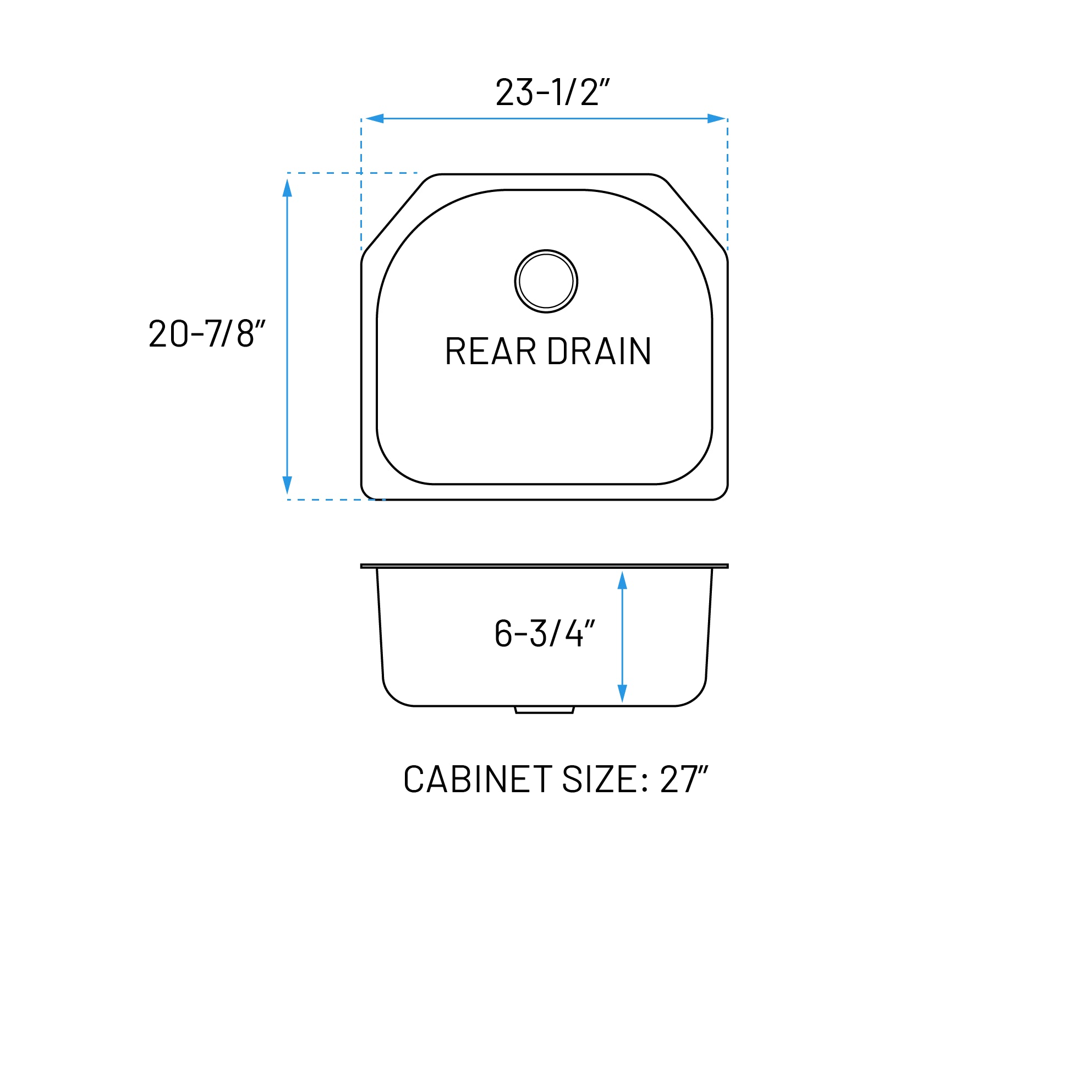 23" Undermount D-Shaped Stainless Steel Single Bowl 7-inch Deep Kitchen Sink, KSN-2321-7-S