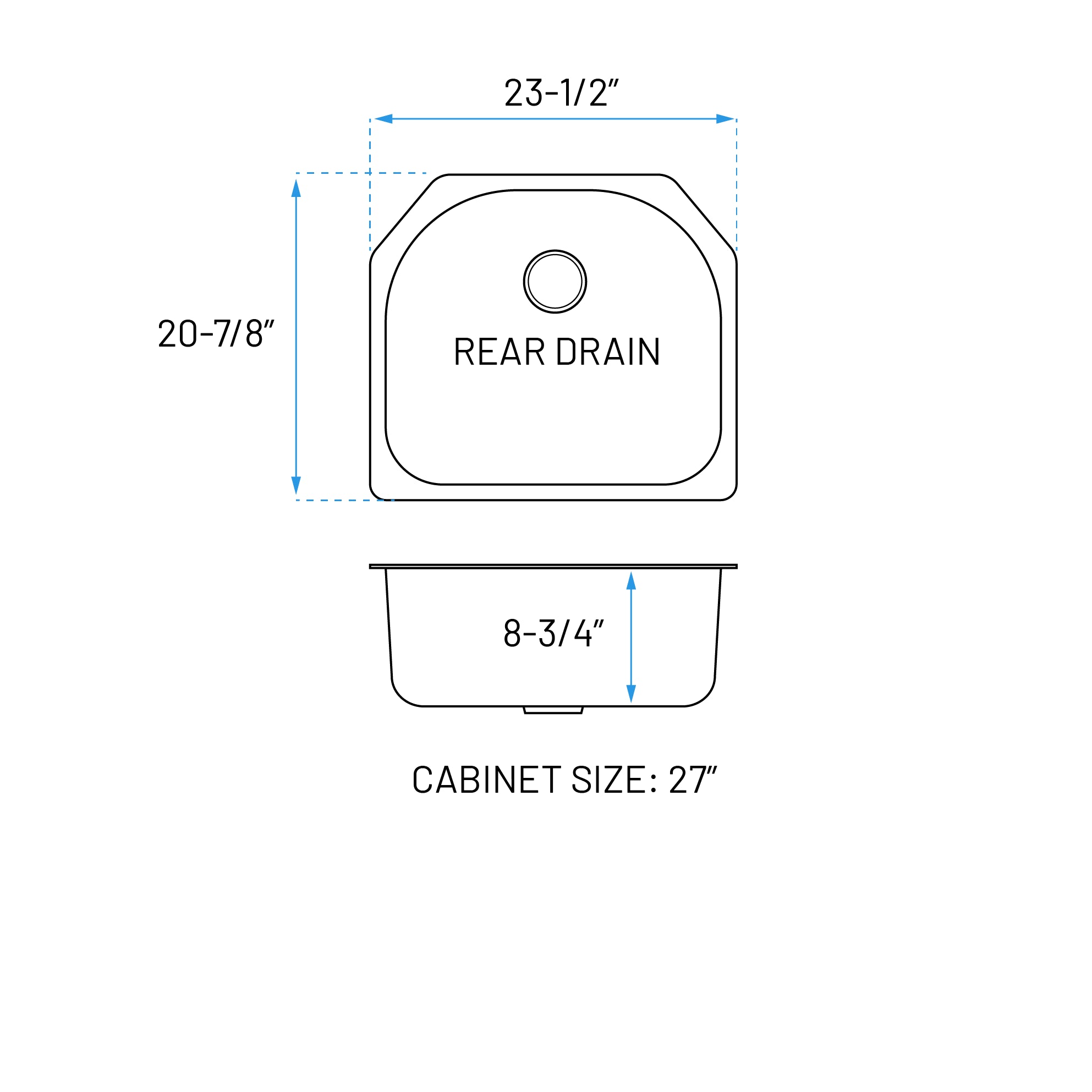 23" Undermount D-Shaped Stainless Steel Single Bowl Kitchen Sink, KSN-2321-9-S