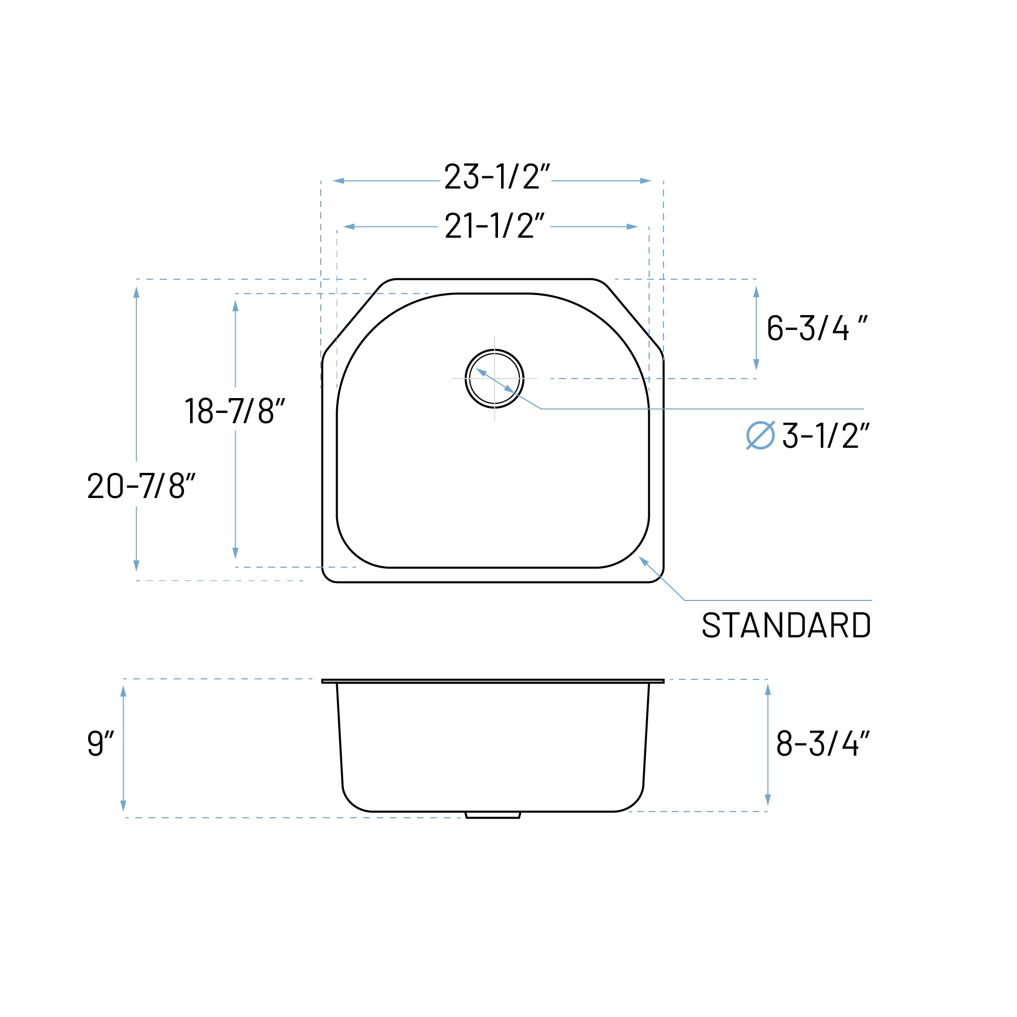 23" Undermount D-Shaped Stainless Steel Single Bowl Kitchen Sink, KSN-2321-9-S