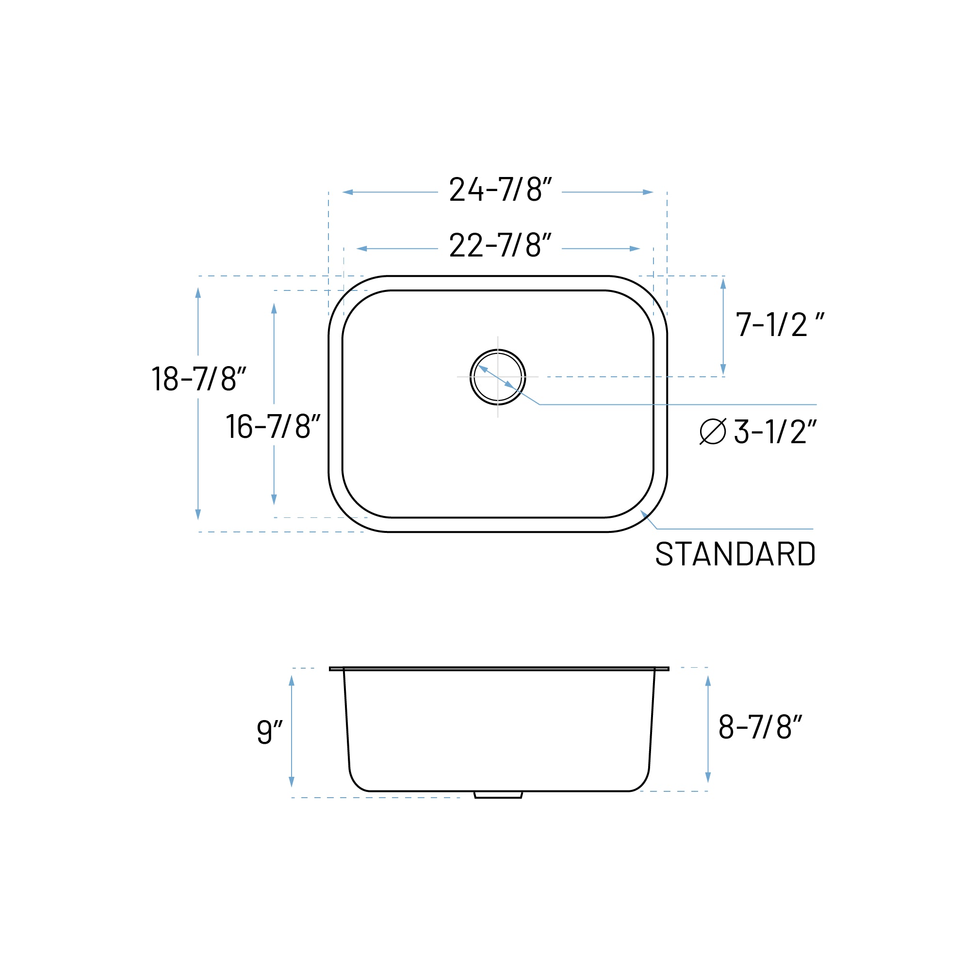 25" Wide Undermount Stainless Steel Single Bowl Kitchen Sink, KSN-2519-9-S