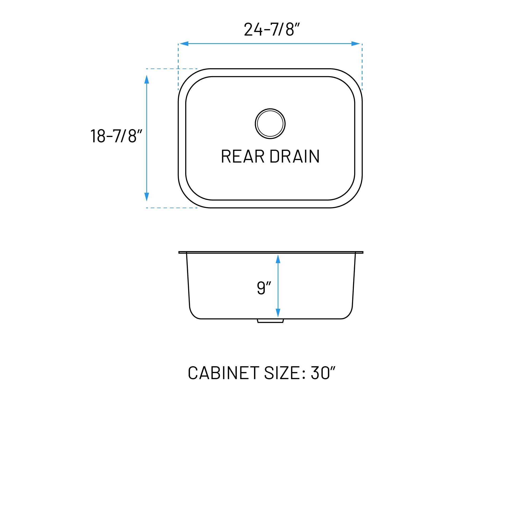 25" Wide Undermount Stainless Steel Single Bowl Kitchen Sink, KSN-2519-9-S