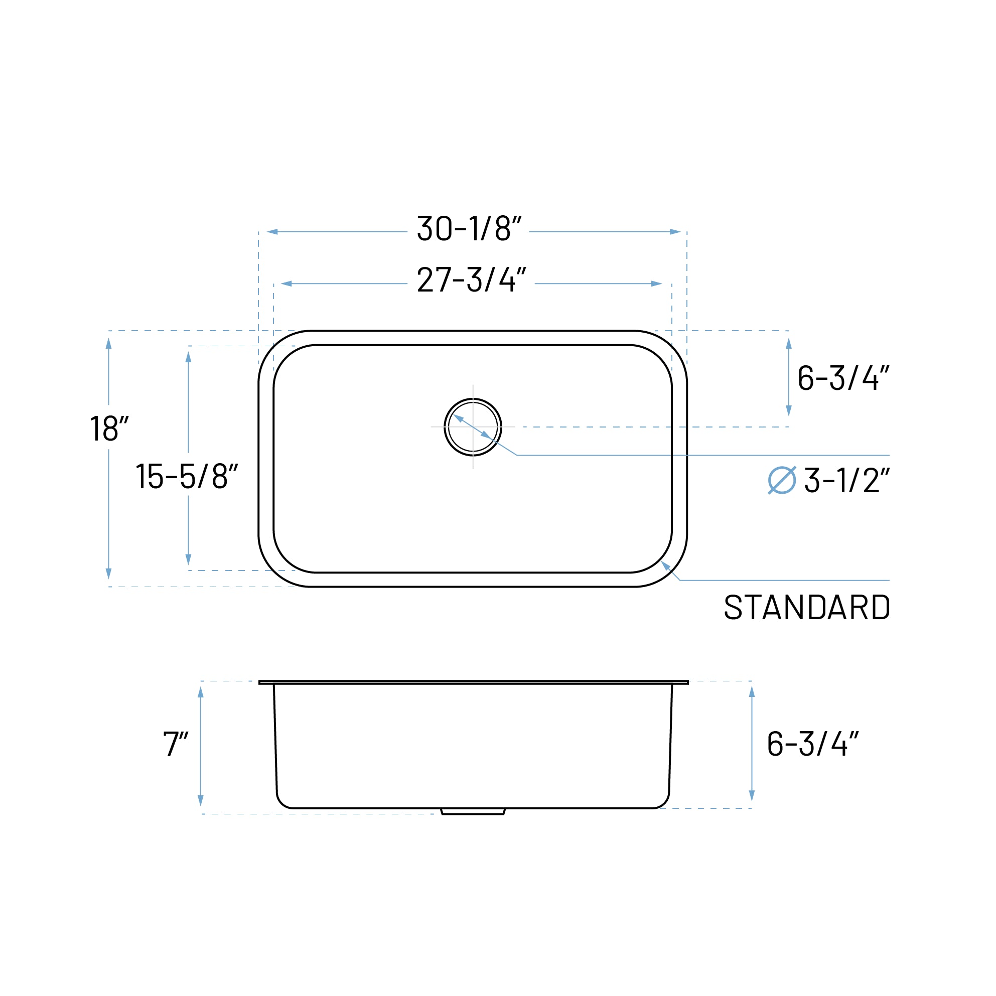 30" Undermount Shallow Stainless Steel Kitchen Sink - 7-inch Depth, KSN-3018-7-S