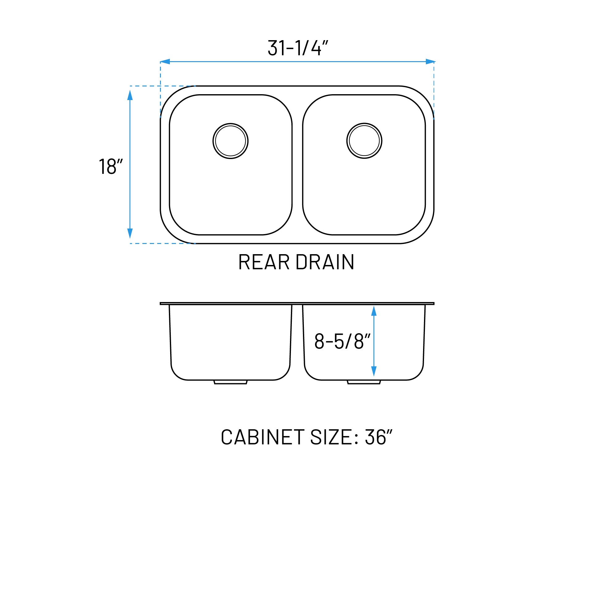 31" Undermount Double Bowl Stainless Steel Kitchen Sink, KSN-3118-9-D